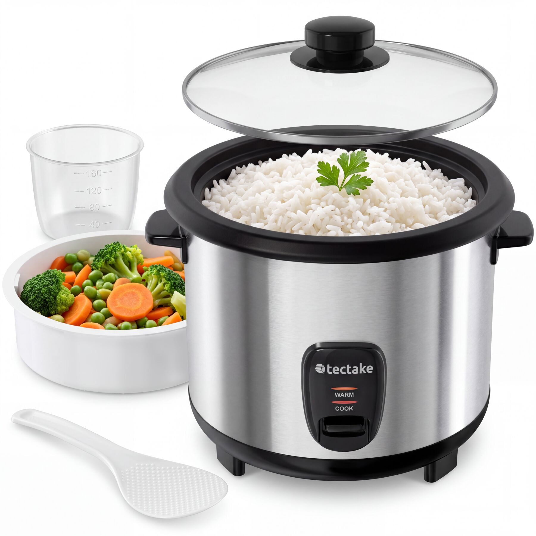 tectake Reiskocher Küchenmaschine, 31x27,5x25,5 cm, 1,8 l/10 Port., 700 W, 2-in-1: Topf entnehmbar/Dampfgareinsatz, warmhaltend, Griffe hitzefest