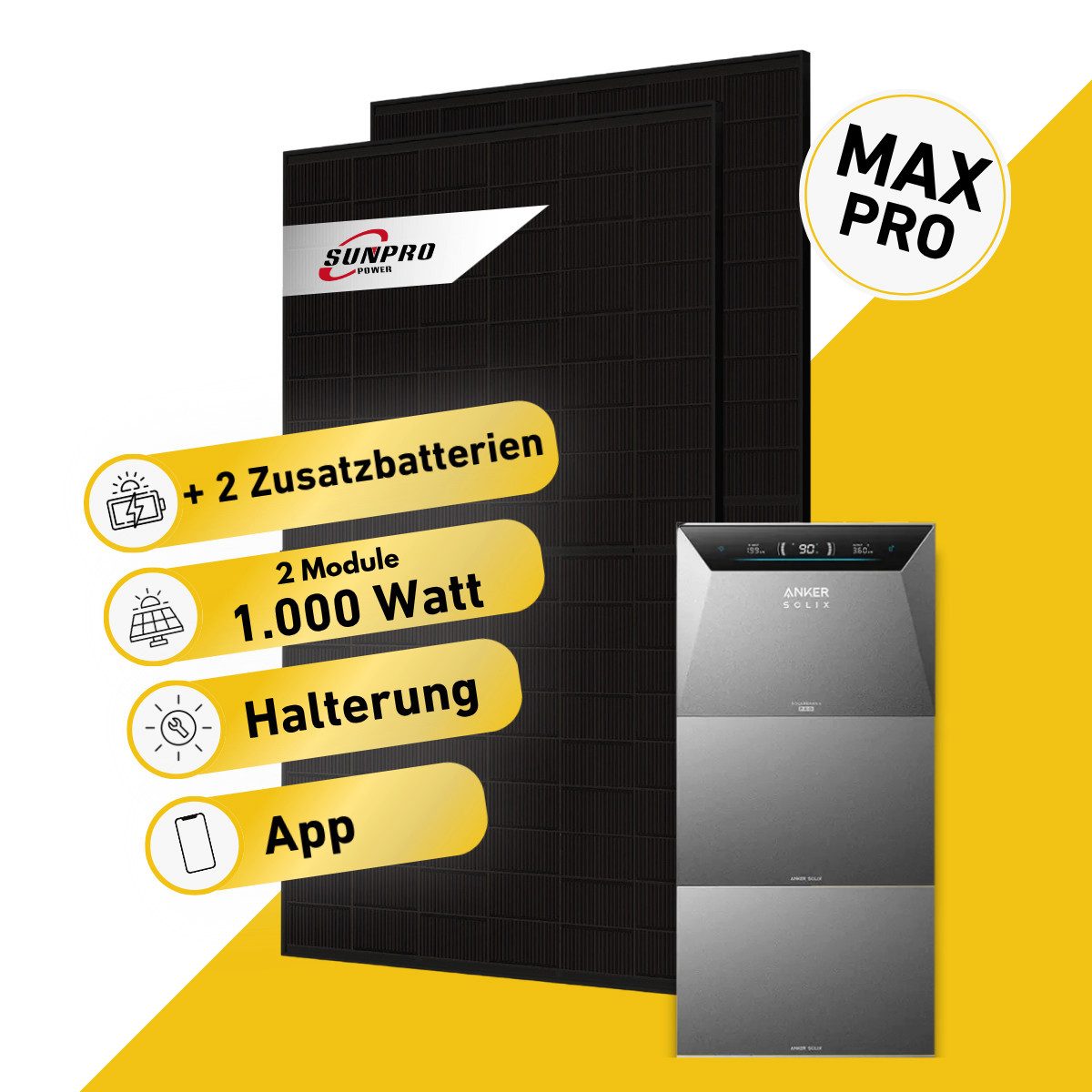 Balkonstrom Balkonkraftwerk MAX Pro 1000 Watt Solaranlage mit Speicher Komplettset Bifazial, 1000 W, Monokristallin, (2x Sunpro Solarmodul á 500 Watt, 1x Anker Solix 4 Pro Solarspeicher E5000, 1-5 Zusatzspeicher BP5000), Halterung für Dach, Fassade, Balkon & Garten, App & Plug&Play DE