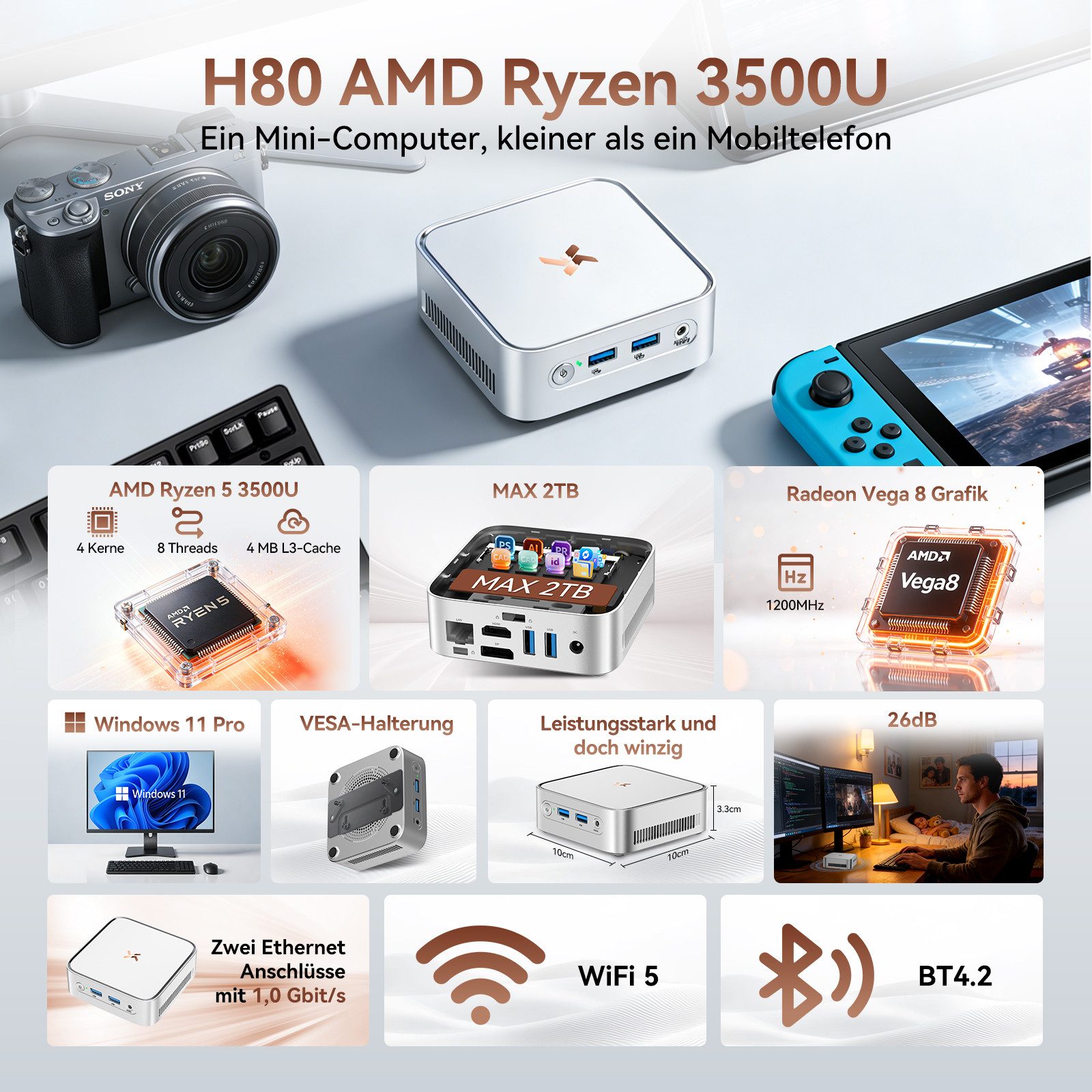 blackview Huidun H80 AMD Ryzen 5 3500U(4C/8T) 16GB RAM 512GB SSD Mini-PC (AMD AMD Ryzen 5 3500U, 16 GB RAM, 512 GB SSD, Windows 11 Pro, WiFi 5 gaming PC, HDMI, Mit Tastatur und Maus)