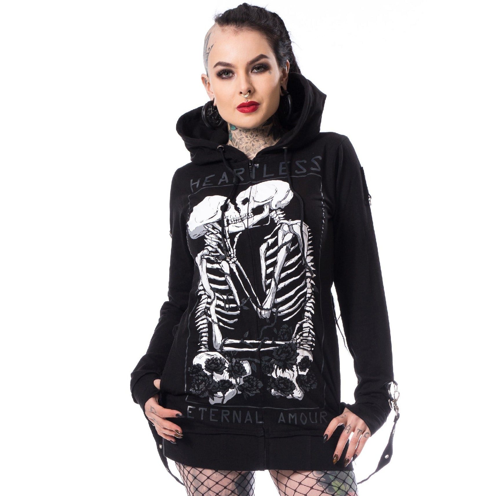 Heartless Kapuzenpullover Karin Hood – Gothic Hoodie mit Skelett-Print & Bändern schwarz
