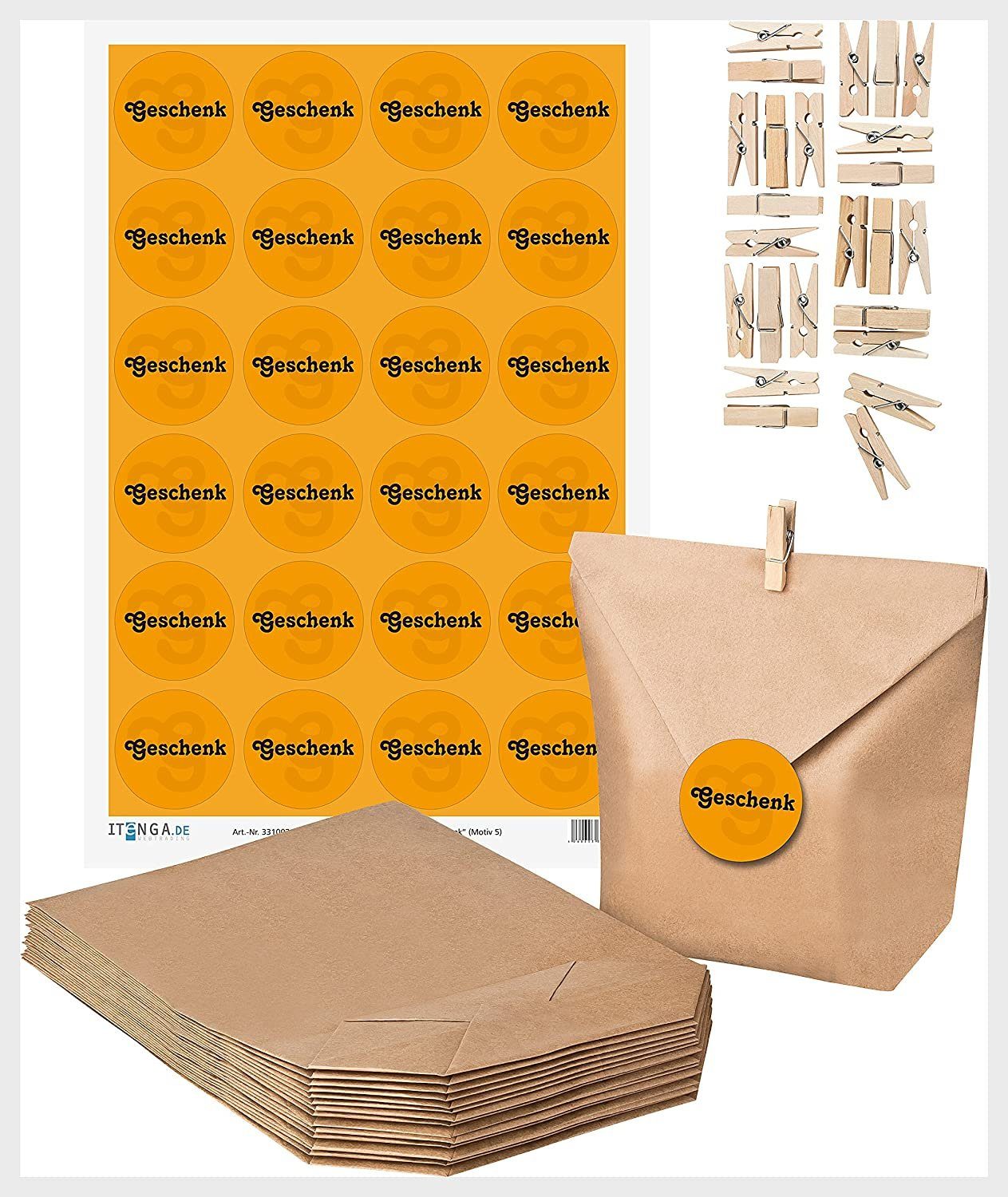 itenga Geschenkpapier SET GESCHENK (Motiv5) 24x Geschenktüten + 24x MiniKlammer + 24x Aufkle