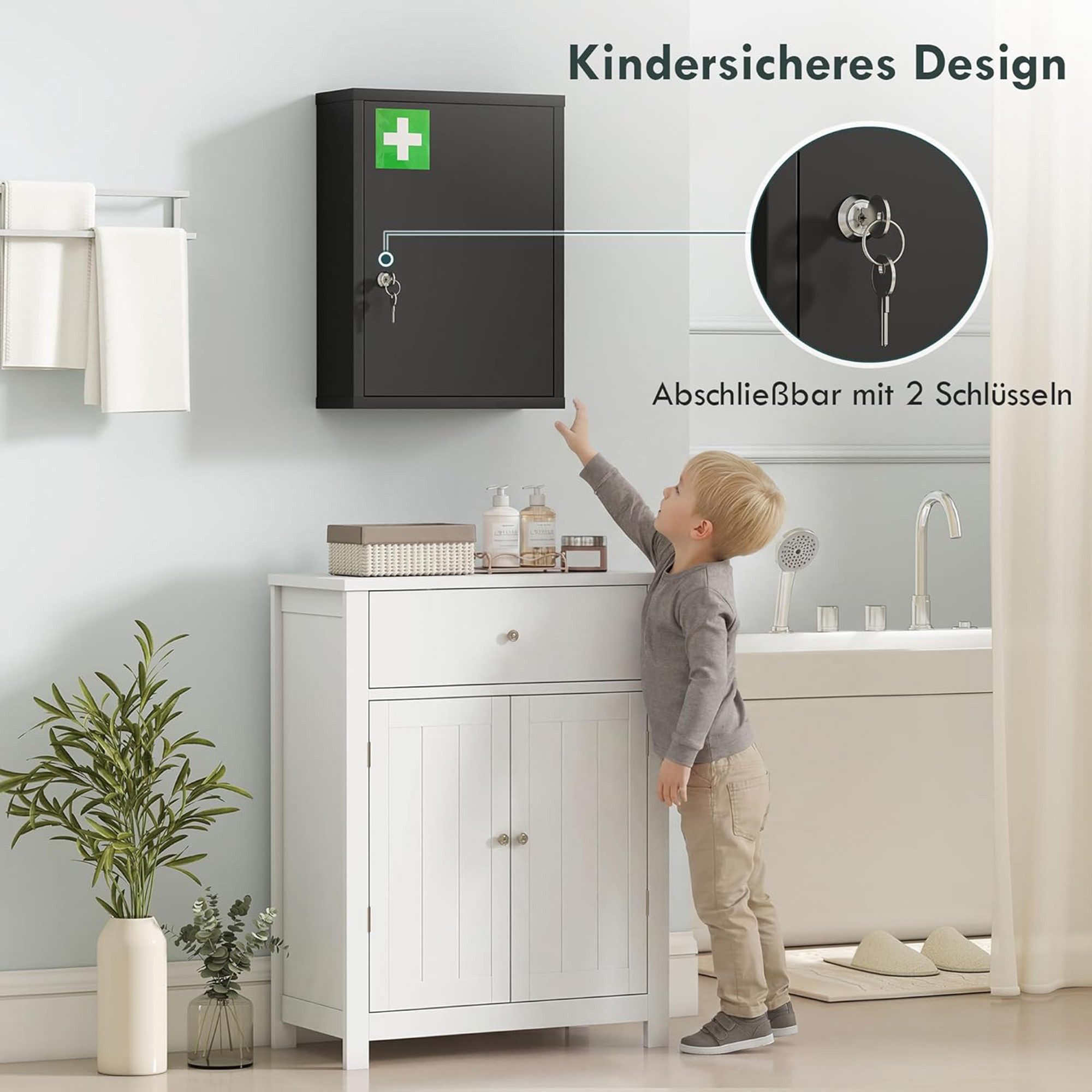 ibettertec Medizinschrank Apothekerschrank, Medikamentenschrank, Erste Hilfe Schrank (Spar-Set, 1-St., 1 x Erste-Hilfe-Kreuz Aufkleber, 1 x Bedienungsanleitung) abschließbar mit 2 Schlüsseln , rost- und feuchtigkeitsbeständig