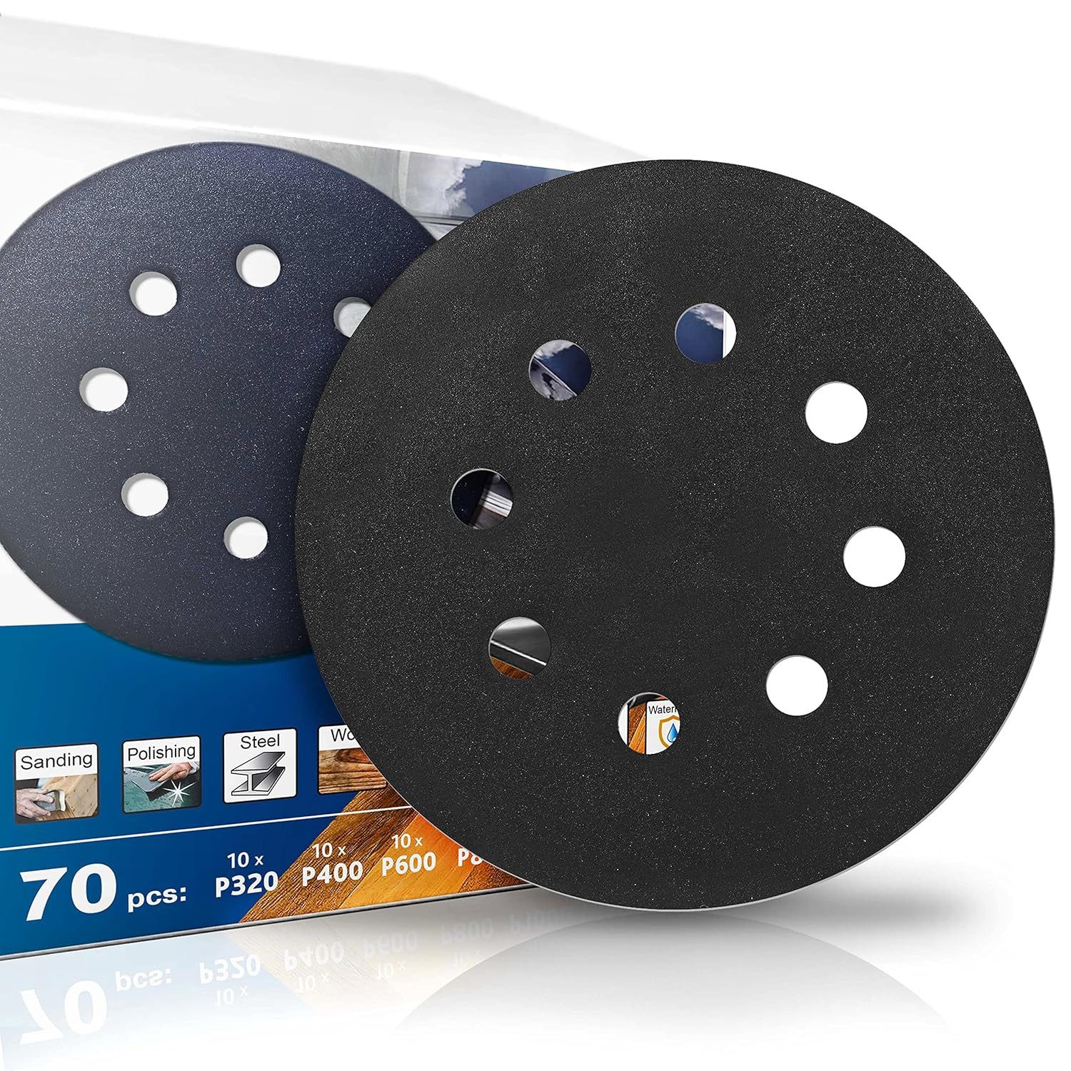 S&R Schleifscheibe Wasserfestes Schleifscheiben Satz mit Klettverschluss, 8 Löcher, (Set, 70 St., 10 x P320, P400, P600, P800, P1000, P1500, P2000), Für die Bearbeitung von Metall, Holz, Stahl, Edelstahl