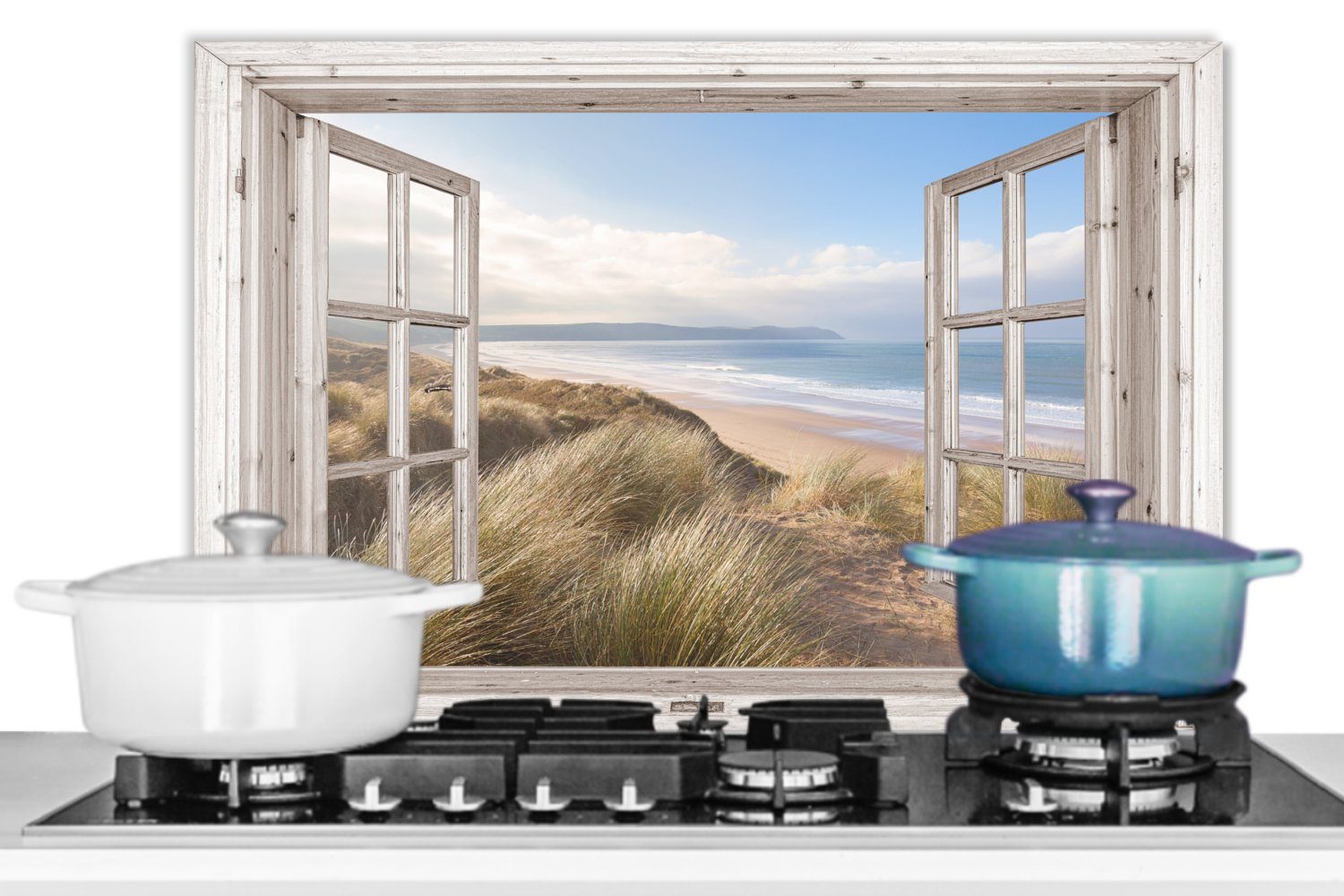 MuchoWow Küchenrückwand Durchblick - Blau, Strandgras Herdblende - aus küchen - Meer 60x40 - (1-tlg), Strand Wandschutz, Sand Temperaturbeständig Dünen - - cm