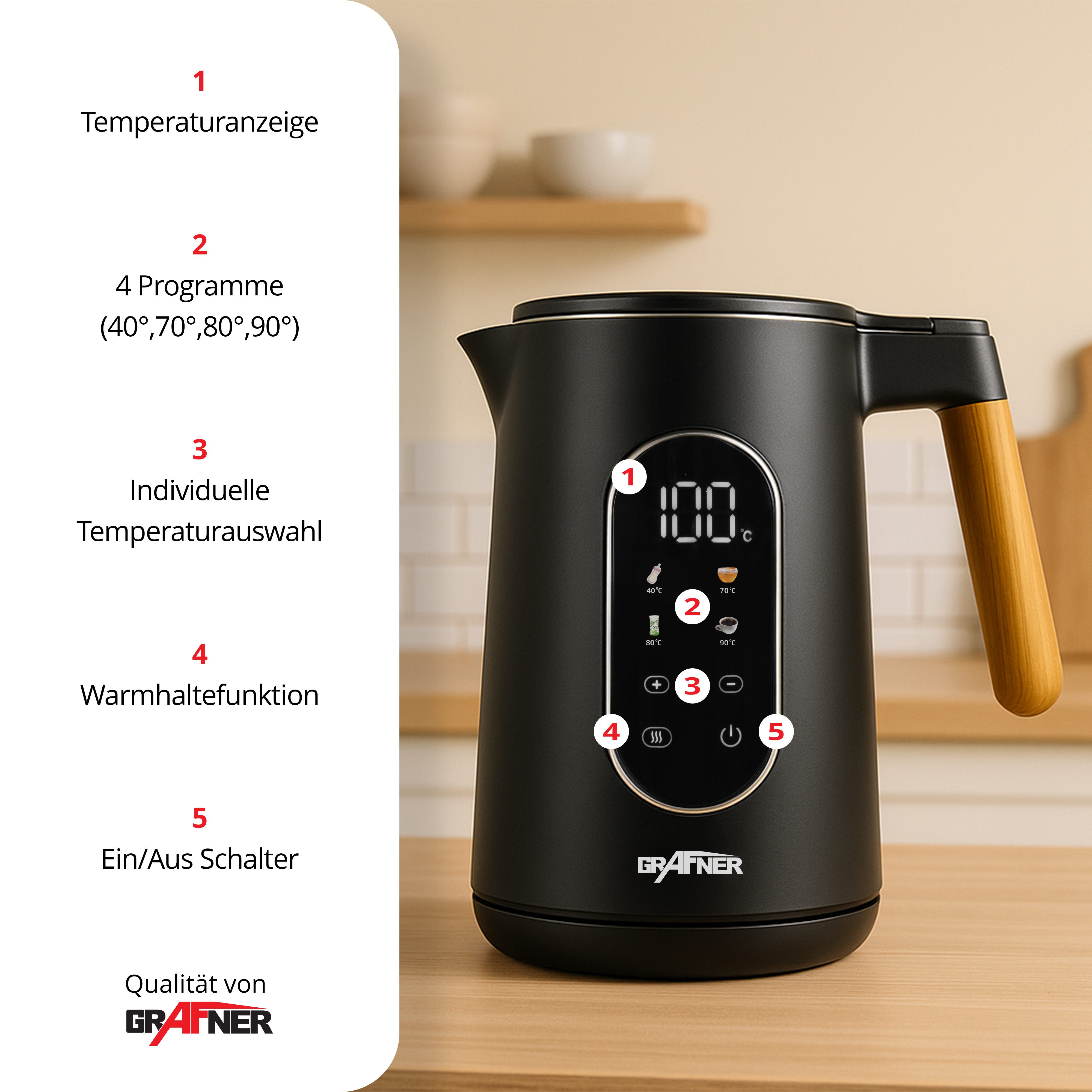 Grafner Wasserkocher Wasserkocher Edelstahl Holzdekor Temperatureinstellung Display 2200W, 2200 W, Edelstahl, schwarz