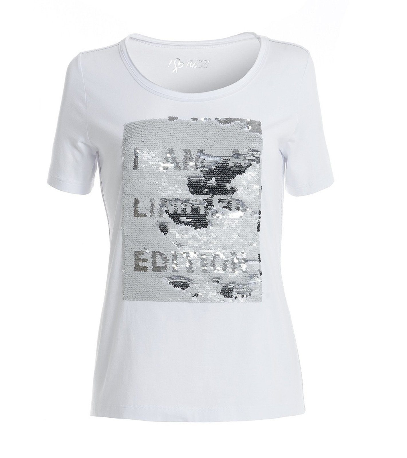 TUZZI Rundhalsshirt »TUZZI T-Shirt cooles Damen Rundhals-Shirt mit  Wende-Pailletten Sommer-Shirt Weiß« online kaufen | OTTO