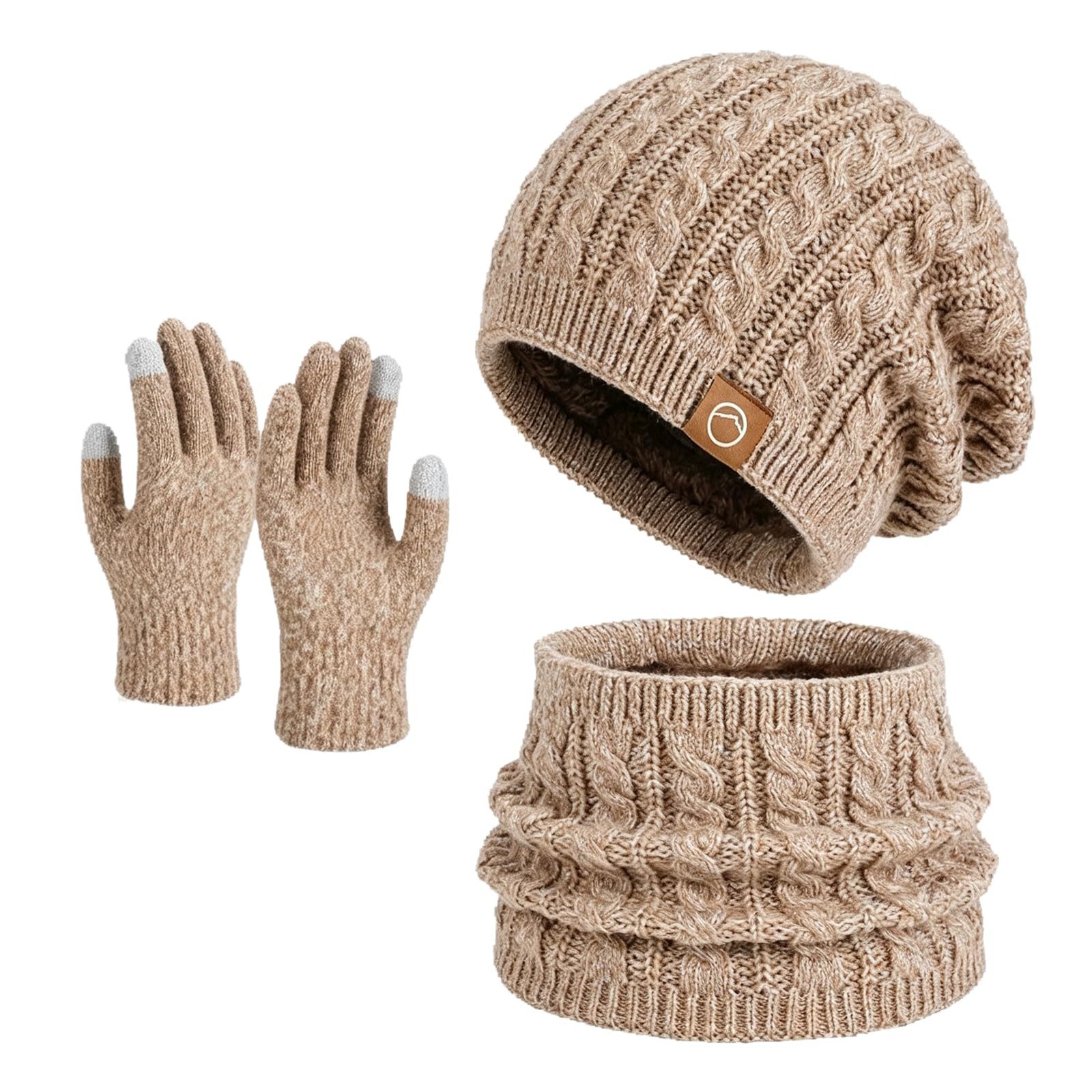 Zaewry Mütze & Schal 3 Stück Winterset für Damen und Herren, Schal Mütze Handschuhe Set warmes Strickset mit Thermofutter für kalte Tage
