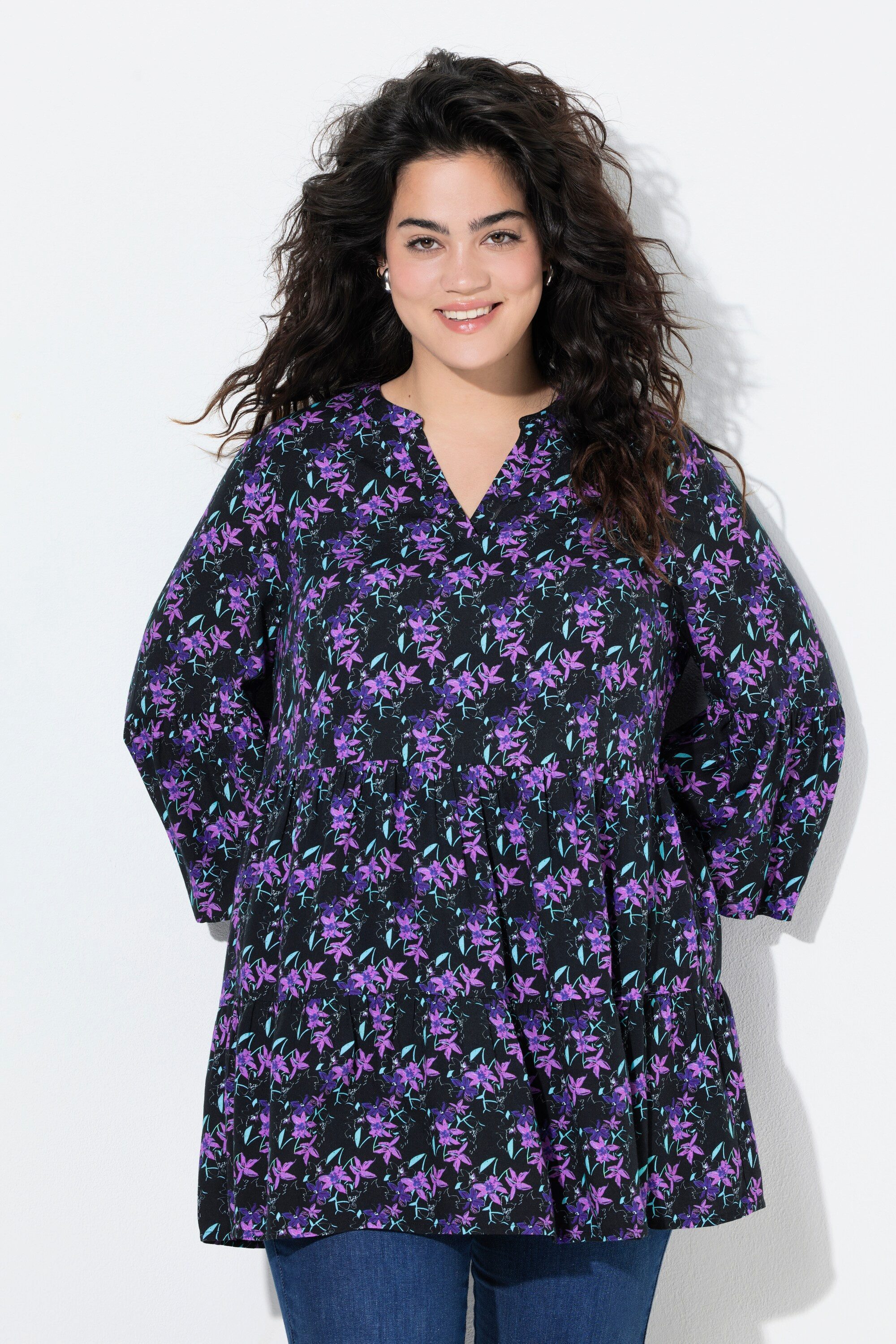 Angel of Style Tunika Bluse A-Linie Blüten-Muster 3/4-Ärmel Volants günstig online kaufen