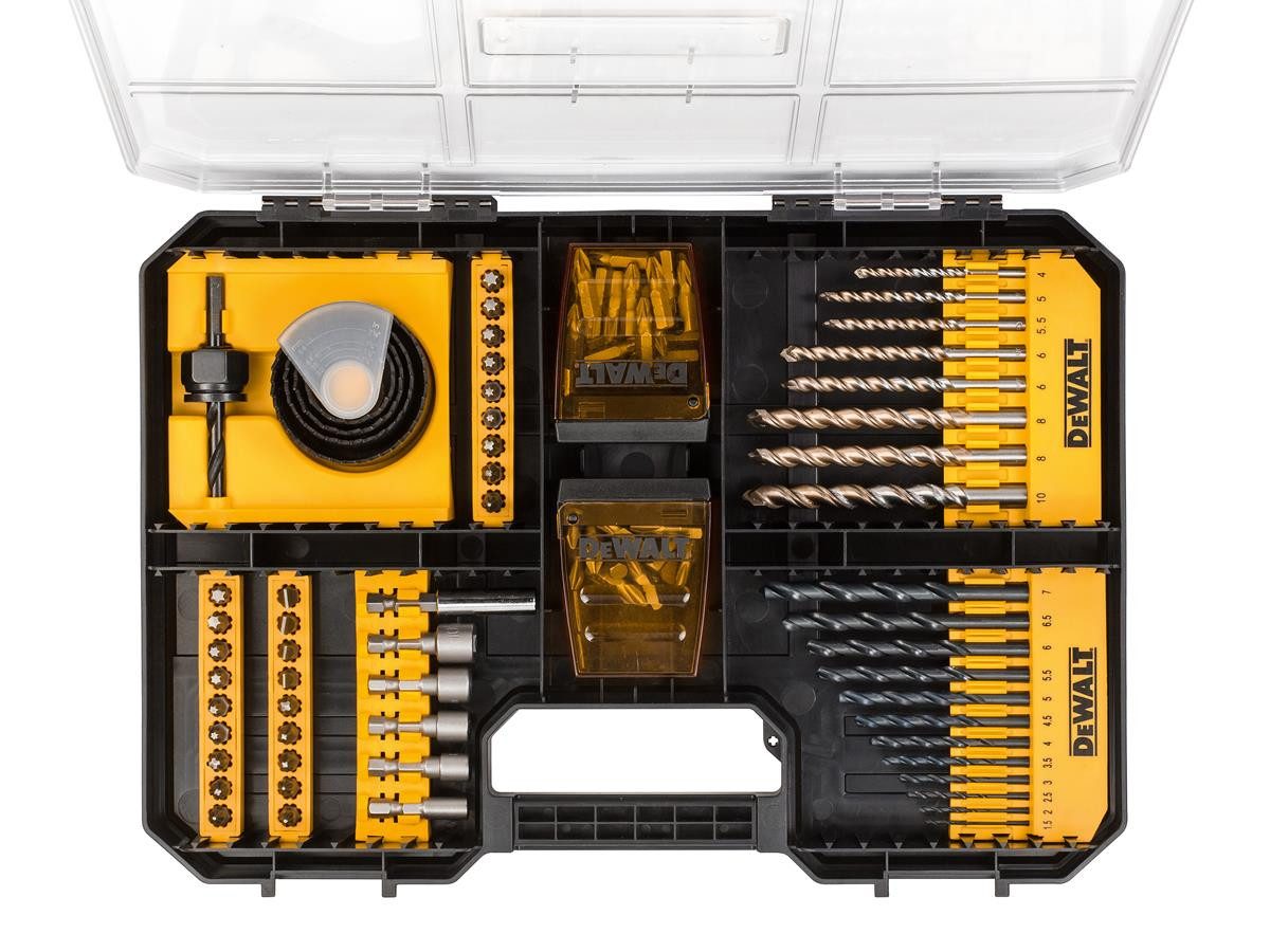 DeWalt Bohrer- und Bit-Set Universal-Set 100-tlg. TSTAK kompatibel, (Set), Stein- und Metallbohrer, Lochsägen, Steckschlüssel u. Schraubendreher