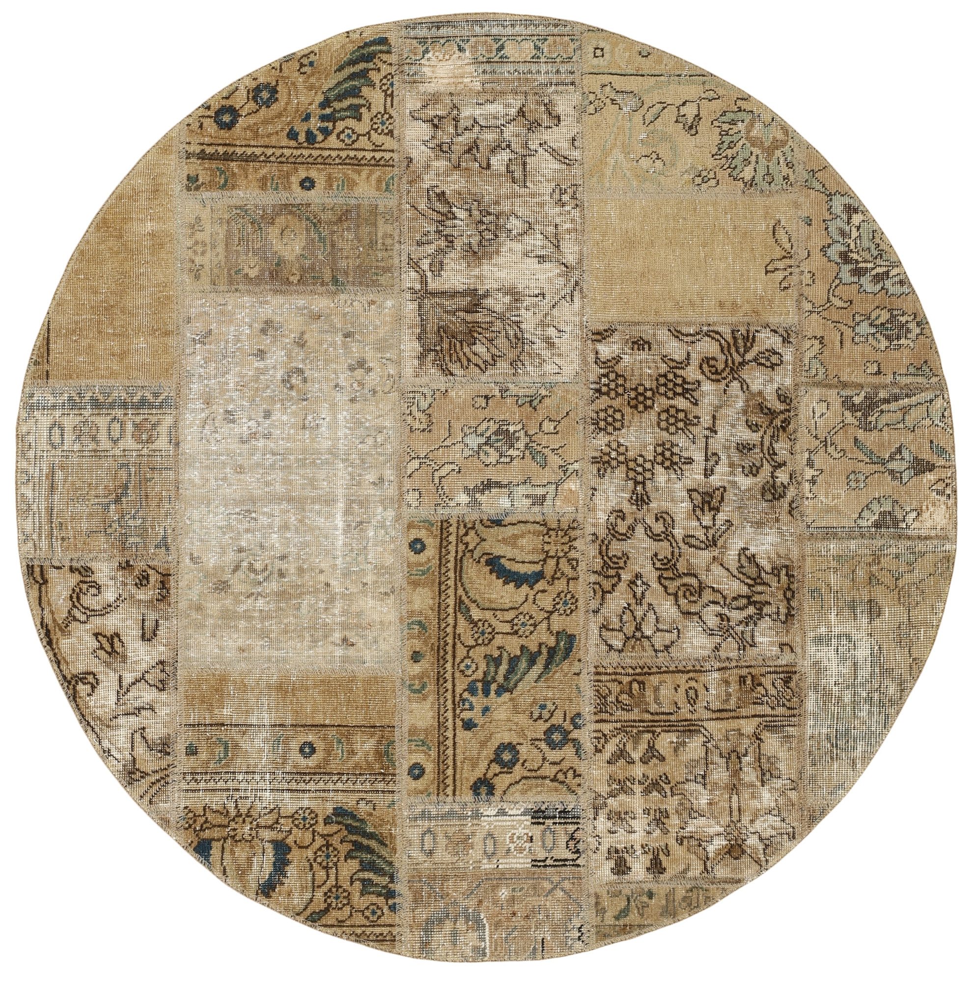 Wohnando Teppich MY-RUG Vintage Patch Work Floral & Ornamentiert 150x150cm, Rund, Höhe: 10 mm, Handgeknüpfter Teppich,Handgesponnene Wolle, mit Naturfarben gegärbt