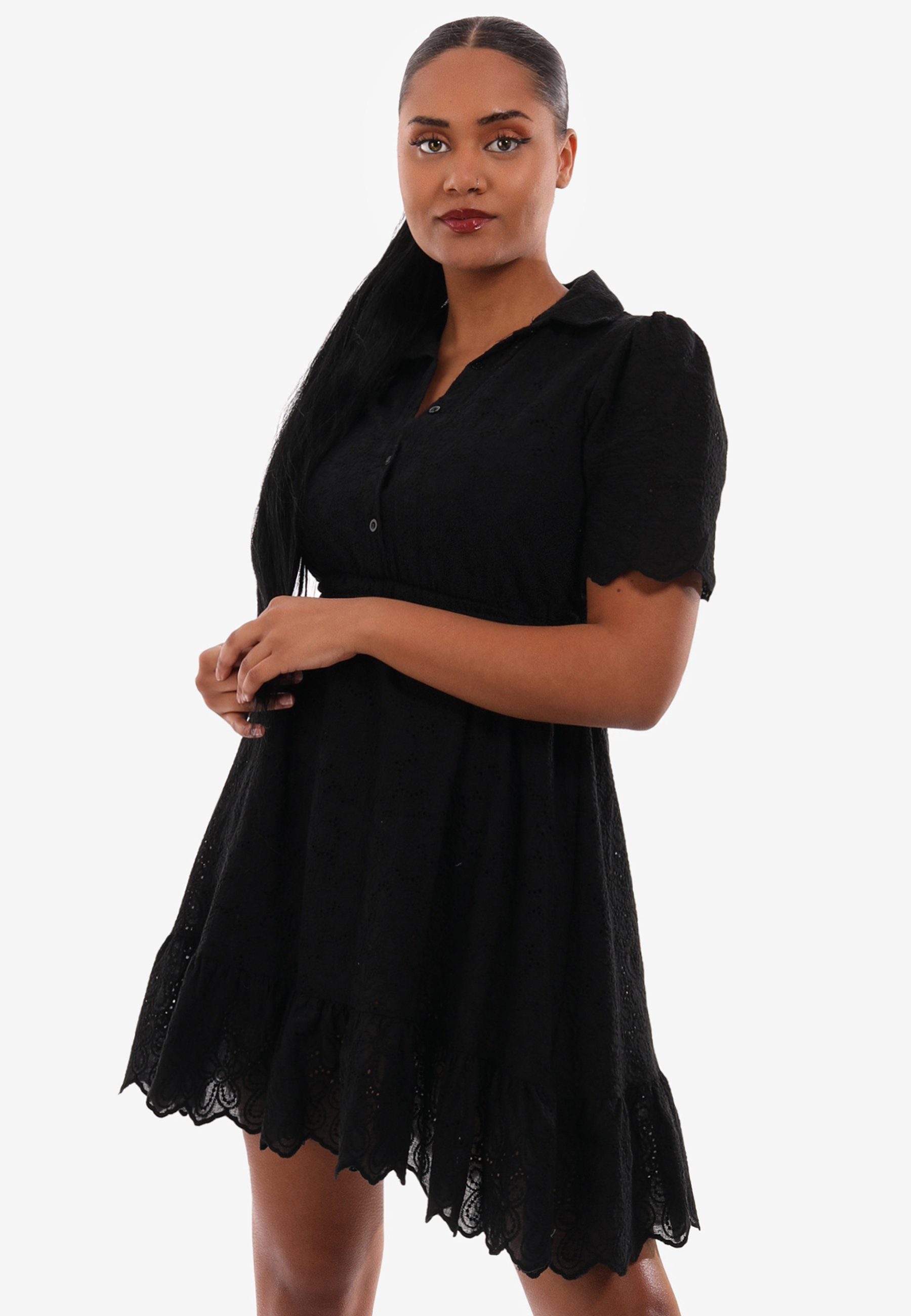 YC Fashion & Style Minikleid Minikleid aus Spitze mit Taillengürtel und Volant in Unifarbe, mit Volant schwarz