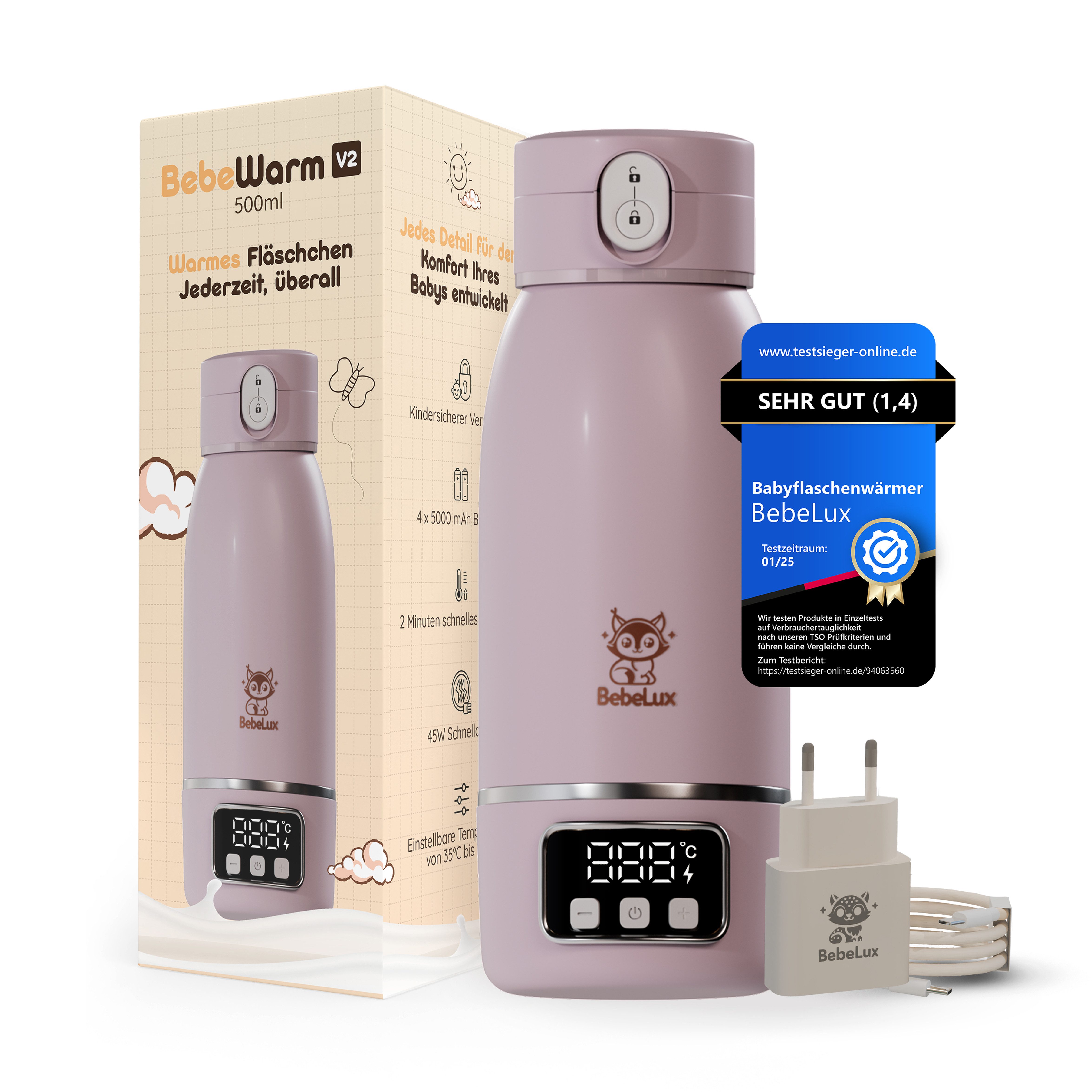 BebeLux Babyflaschenwärmer BebeWarm V2- In 2 Min trinkfertig für Milch, Muttermilch & Wasser, 15 Flaschen pro Ladung, BPA-frei & Sterilisation bis 100 °C