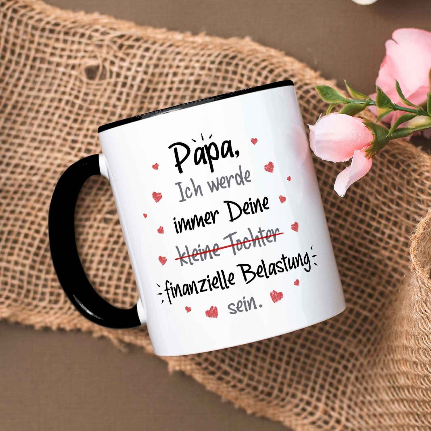 GRAVURZEILE Tasse bedruckt mit dem Spruch - Finanzielle Belastung - Lustige Geschenke, aus Keramik - Spülmaschinenfest, - Papa Tochter - Schwarz