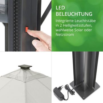 Leco Pavillon Solar LINA, mit 4 Seitenteilen, 300x300 cm, grau mit LED und Gittergewebe-Rollos