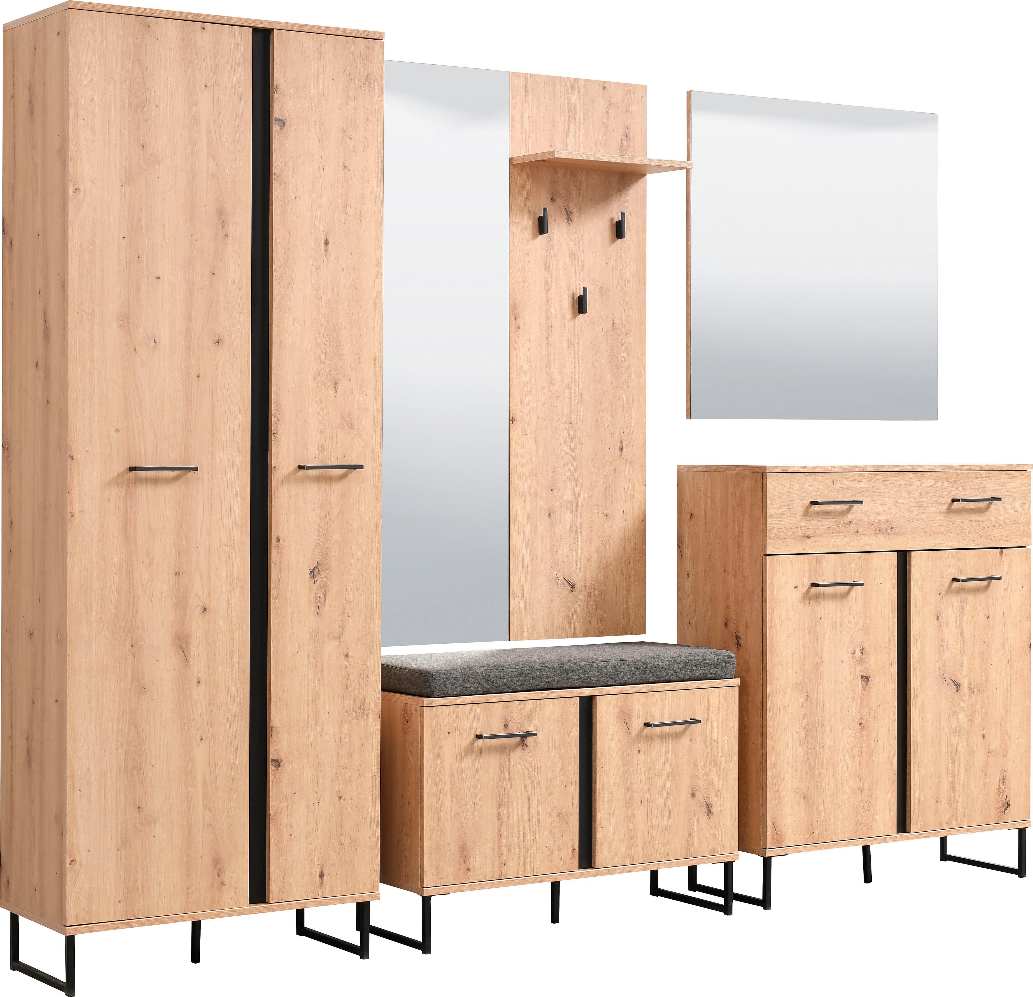 Home affaire Garderoben-Set Sardinia 5-teiliges Set mit Spiegel in Eiche mit schwarzen Elementen, (Set, 5-St., Garderobenschrank, Schuhkommode, Schuhbank, Garde – Bild 4 von 5