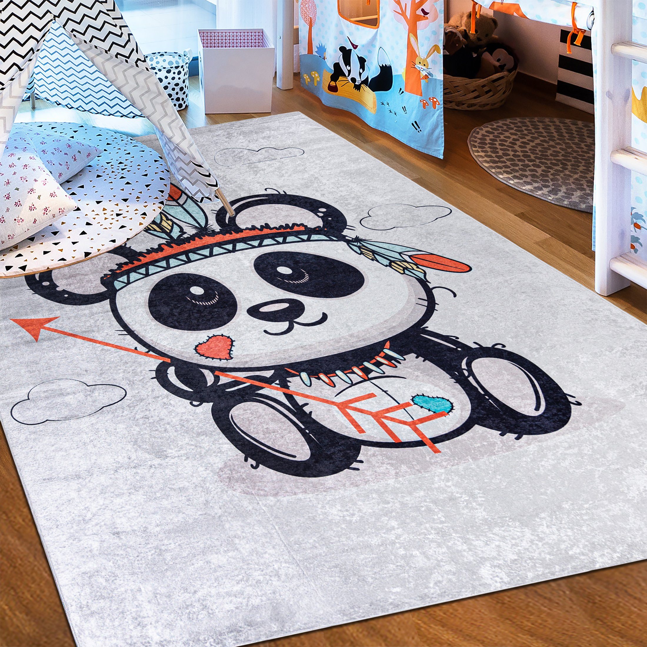 Kinderteppich Kinderteppich Kinderzimmerteppich Panda, Mazovia, 120 x 170 cm, Kurflor, Waschbar in Waschmaschine, Höhe 5 mm, Rutschfest Grau / 2029