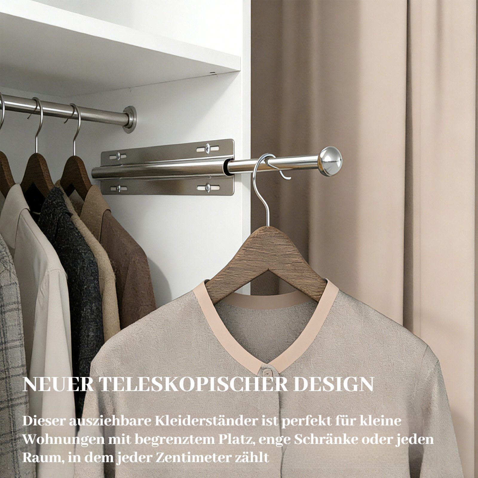 BlingBin Kleiderstange Ausziehbar für Kleiderschrank Verstellbare Garderobenstange 32-60cm (1 Stück, 1 St., 32 × 6 × 2 cm), Verstecktes Design Teleskopstangen Schrank für Hose, Oberteil