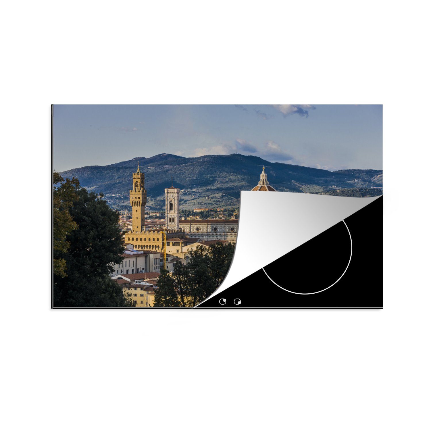 MuchoWow Herdblende-/Abdeckplatte Ansicht von Florenz mit dem Dom und dem Palazzo Vecchio, Vinyl, (1 tlg), 81x52 cm, Induktionskochfeld Schutz für die küche, Ceranfeldabdeckung