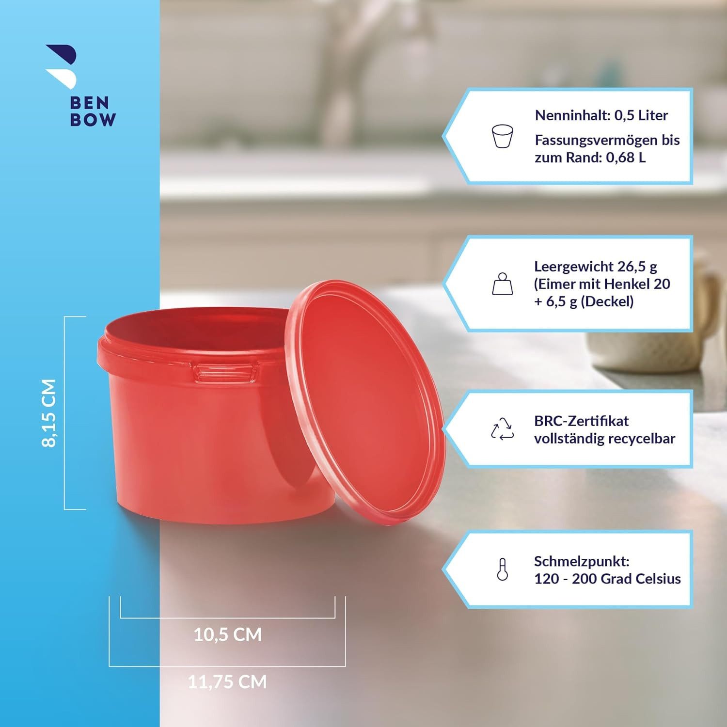 BENBOW Putzeimer Eimer mit Deckel 30 20 10 5 3 1 0,5 L Viele Farben Lebensmittelecht, (100-tlg., PZH-, BRC- und DIN-ISO-zertifiziert), für Lebensmittel, Farben, Chemikalien