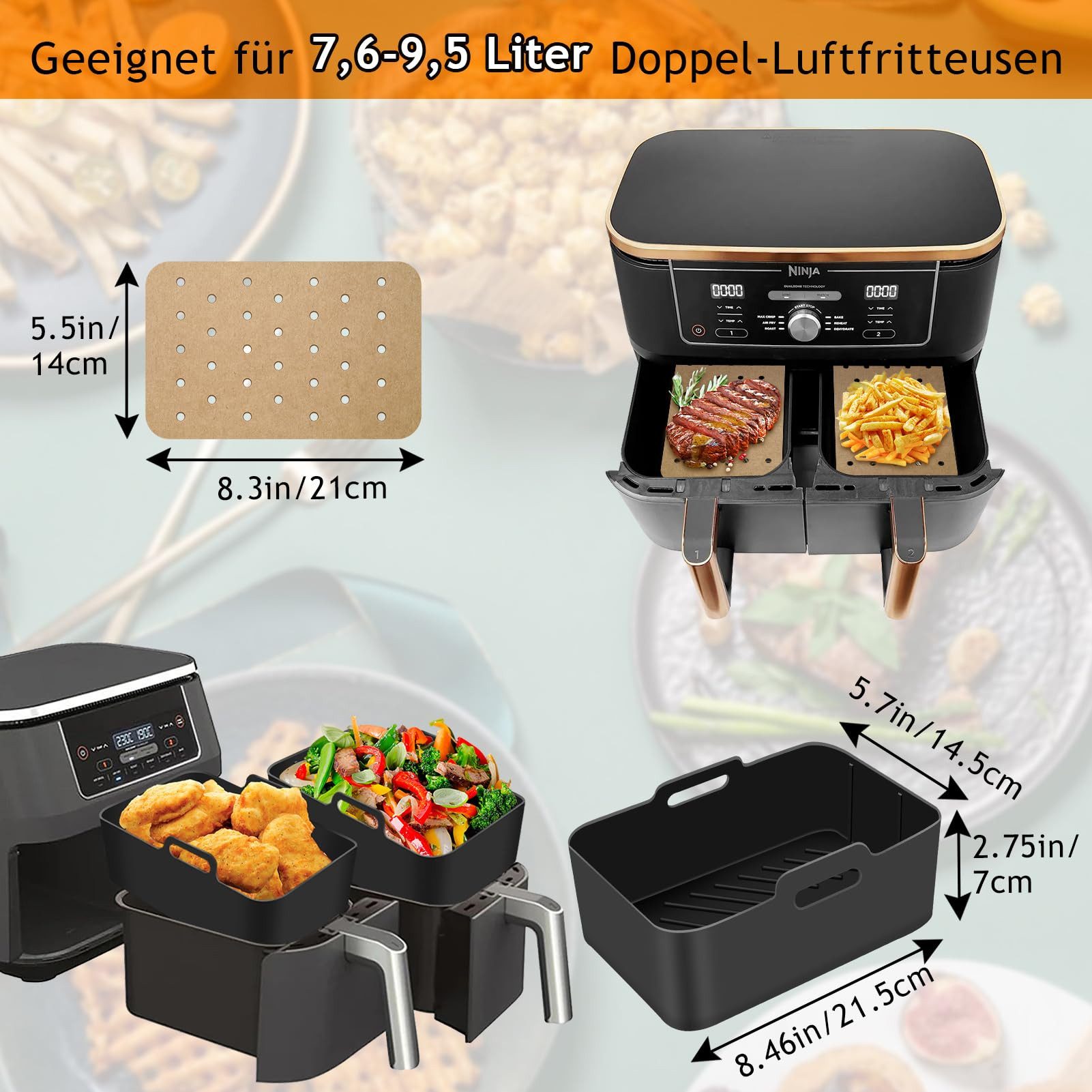 SURFOU Backform Heißluftfritteuse zubehör airfryer zubehör 15-teilig BPA-frei fürNinja, (für Ninja Foodi AF300EU AF400EU 7,6L-9,5L und die meisten Dual Zone Heißluftfritteusen, Schnell zubereitet, gesund, fettarm, 304Edelstahl, Lebensmittelechtes Silikon, BPA-Frei 13-tlg), Silikonformen Metallspießhalter Spießhalter Backpapier Ölsprüher