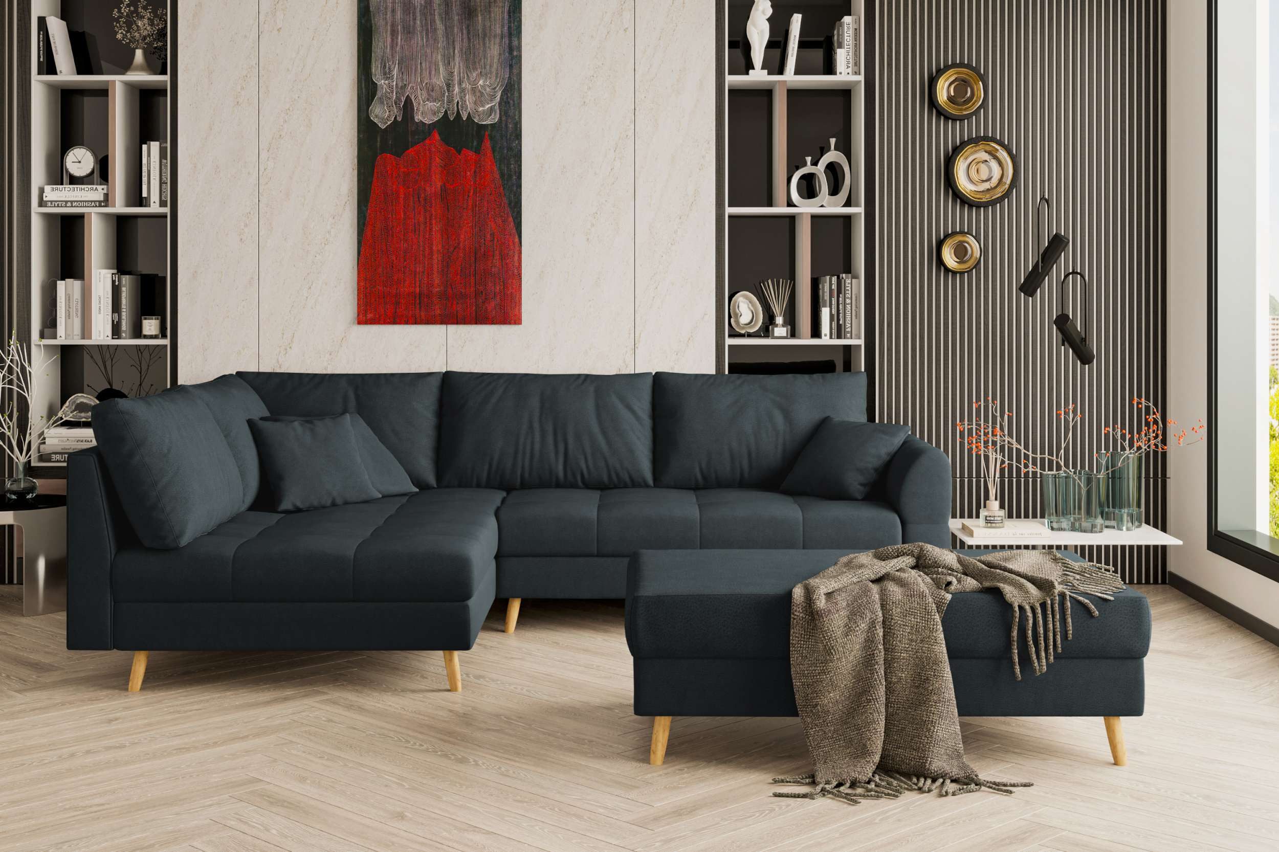 99rooms Ecksofa Bello, Sofa L-Form mit Hocker, links oder rechts bestellbar, mit Hocker, Rückenkissen, Holzfüße