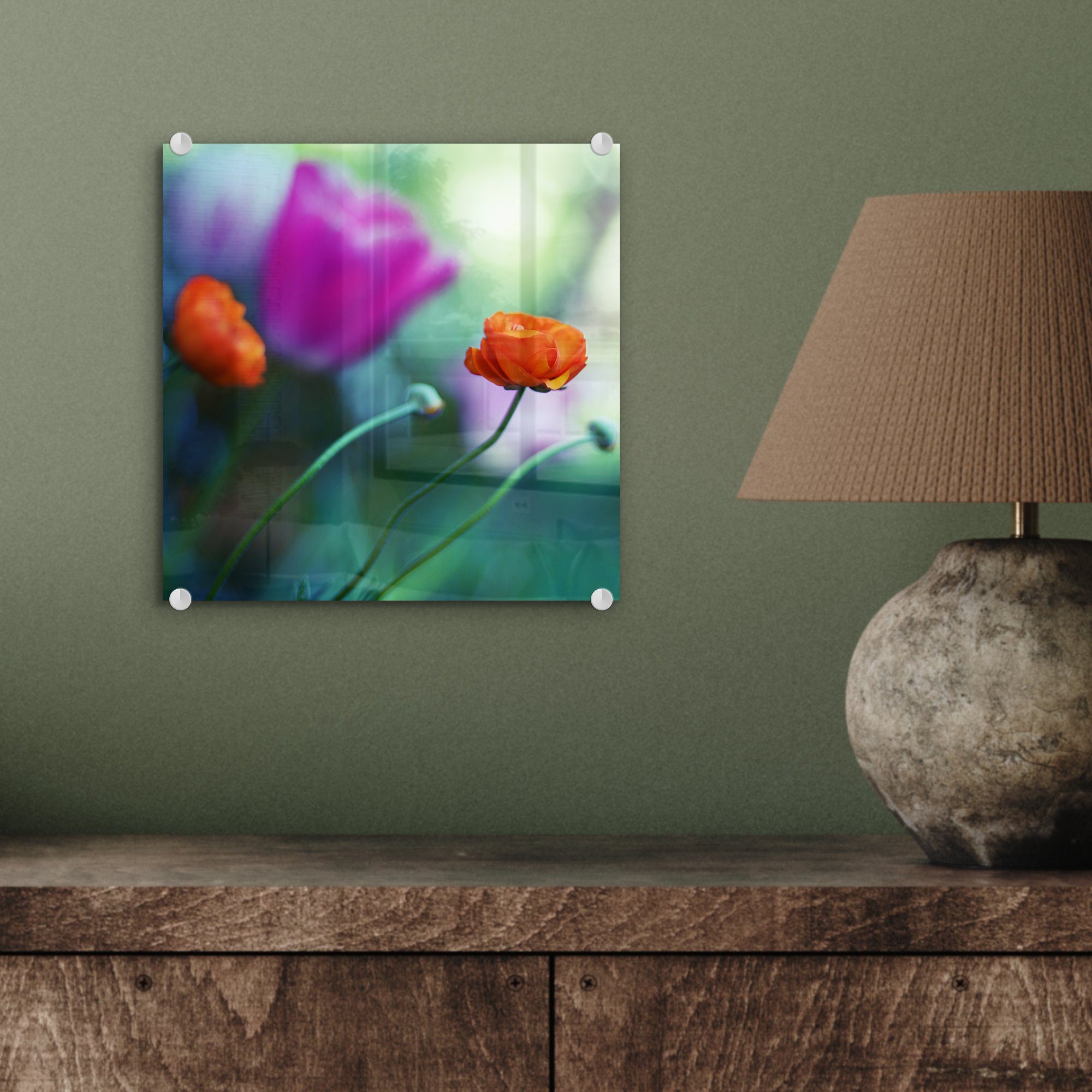auf lila und - Glas Ein Tulpen, Glas St), orangefarbenen Wanddekoration (1 MuchoWow Wandbild Glasbilder Feld Foto - - mit Bilder auf Acrylglasbild