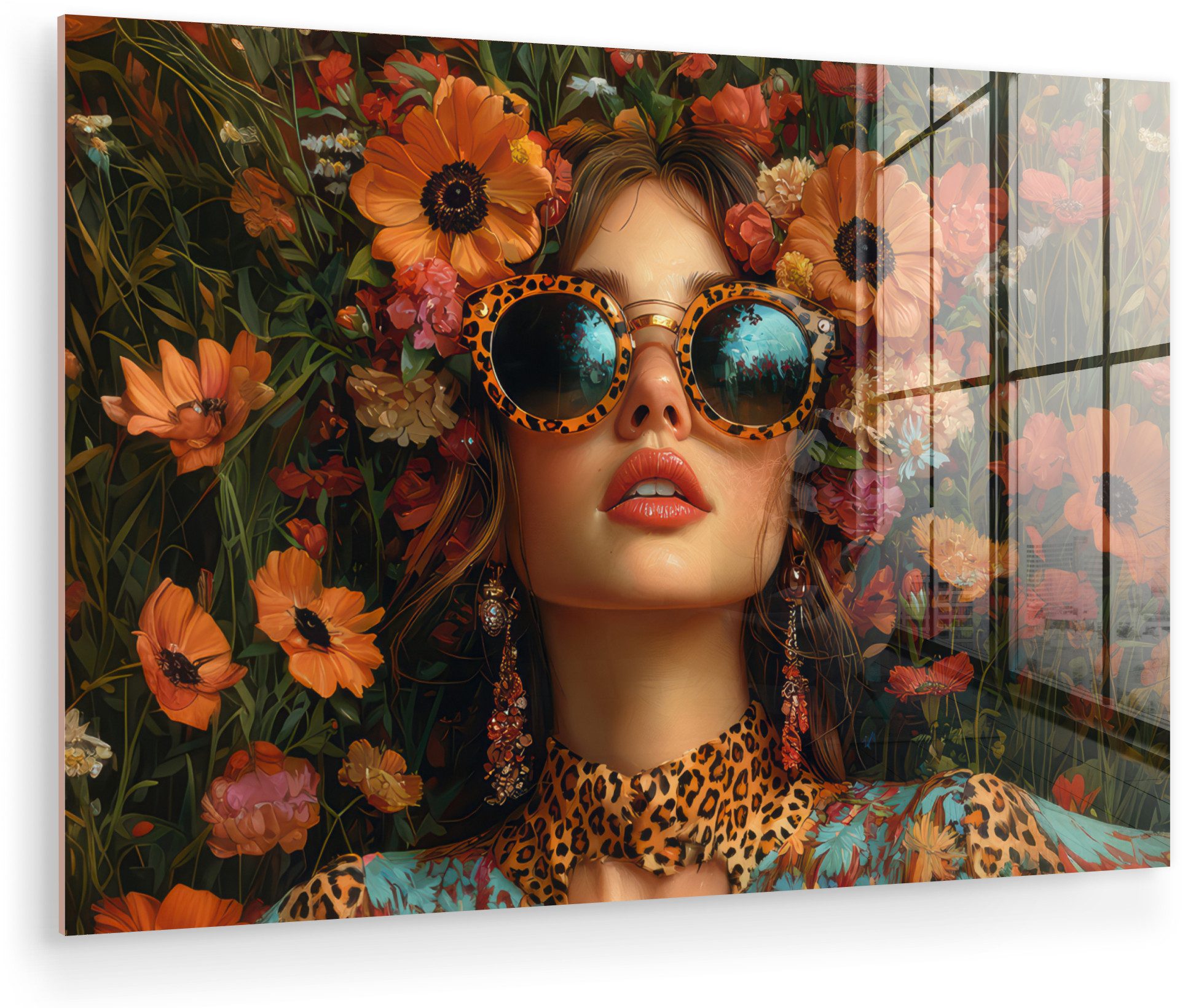 MuchoWow Acrylglasbild Frauen - Blumen - Modern - Brille - Abstrakt, Inkl. Aufhängung, Glasbilder Wohnzimmer, Schlafzimmer, Flur & Esszimmer, 30x20 cm