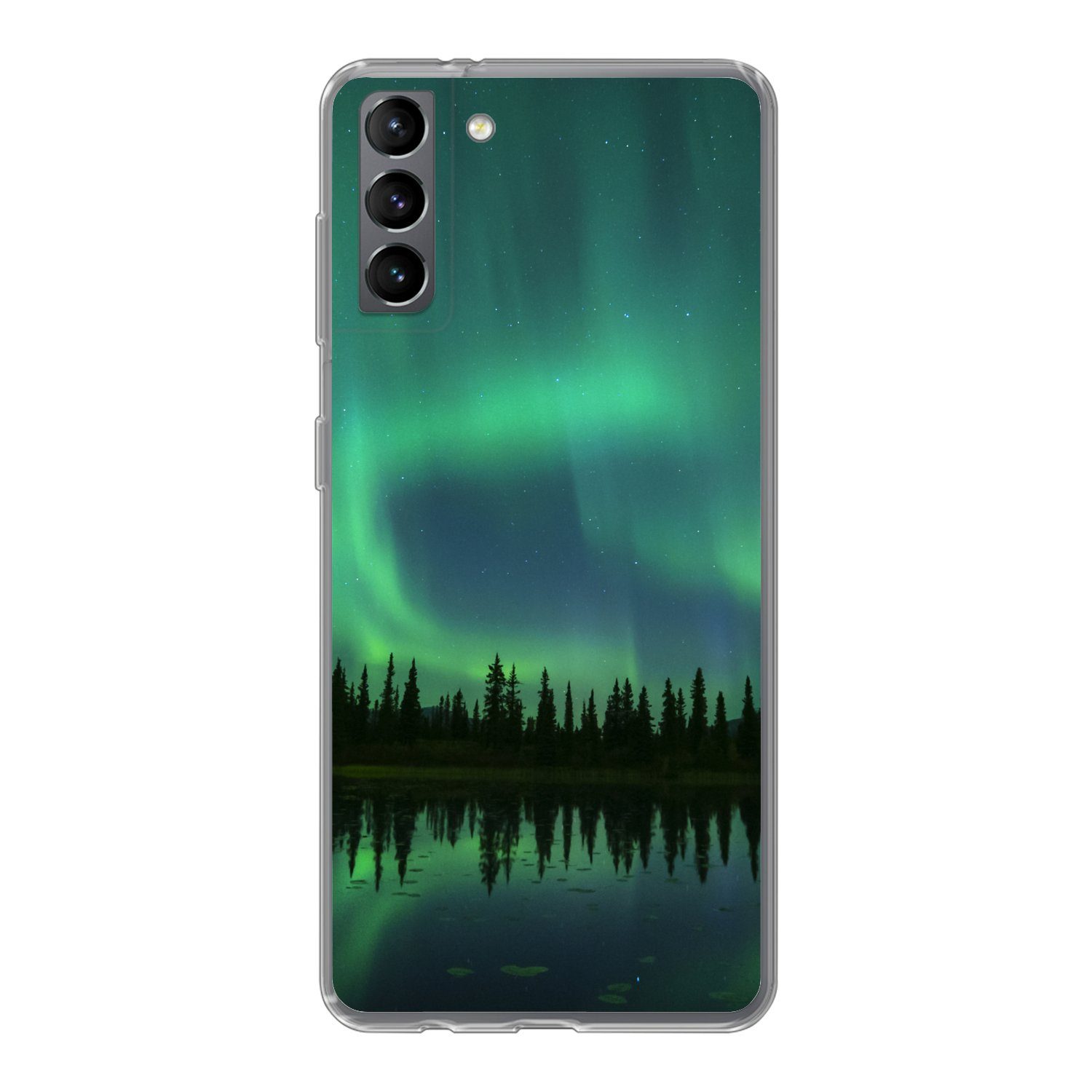MuchoWow Handyhülle für Samsung Galaxy S21 Plus Nordlicht - Bäume - Wasser - Alaska, Phone Case, Silikon, Schutzhülle Dünn