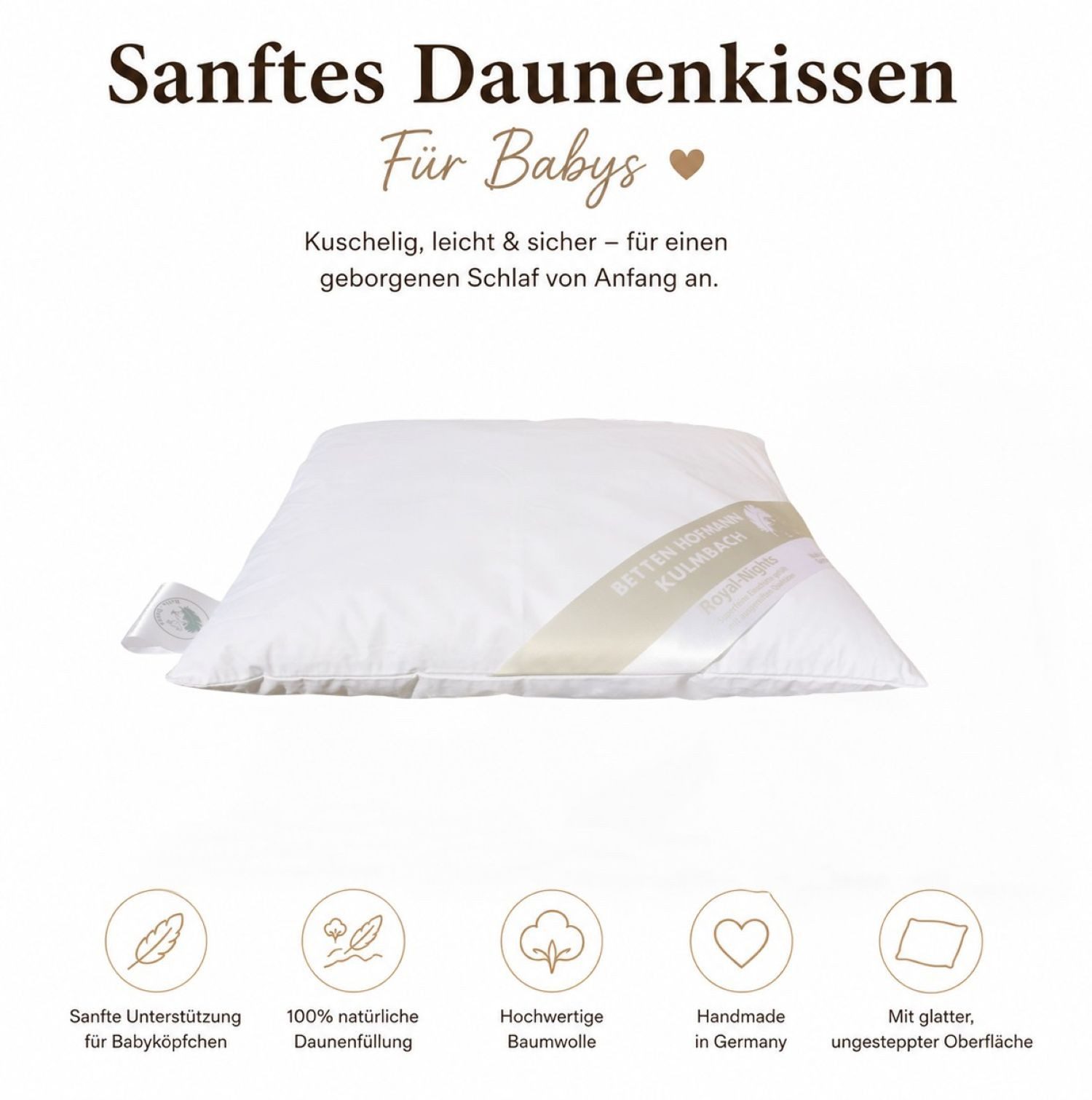 Betten Hofmann Babykissen Betten Hofmann Baby Daunenkissen 35x40 cm Flachkissen ungesteppt 30 g, flach und weich, made in Germany