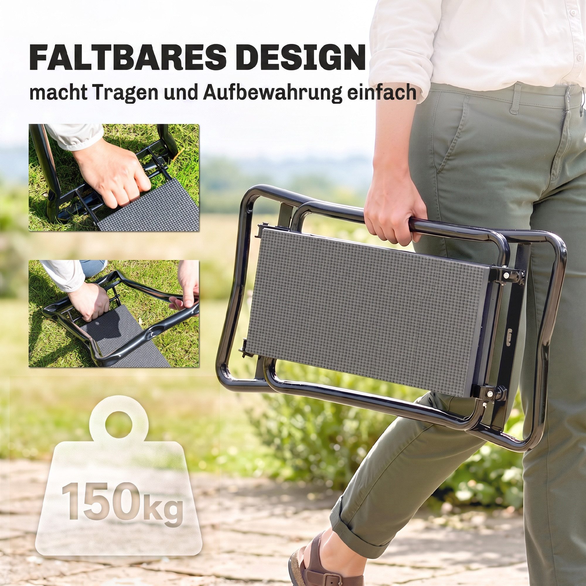 Outsunny Arbeitshocker klappbar mit Kniekissen, Werkzeugtaschen, belastbar bis 150 kg (Gartenhocker, 1 St., Kniebank), zum Knien & Sitzen 58 x 28 x 49cm Grau – Bild 5 von 5
