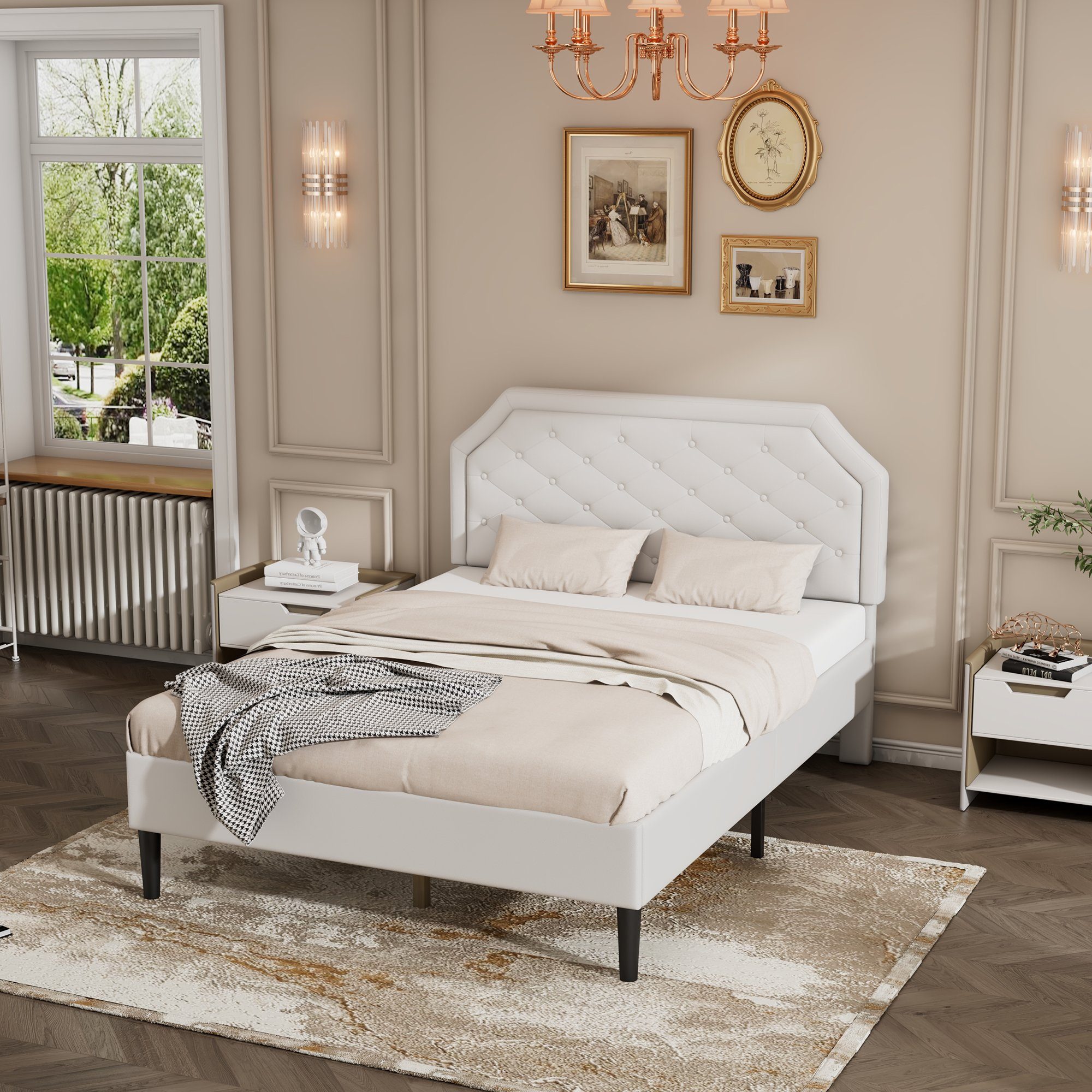 Odikalo Schlafzimmer-Set Polsterbett Nachttisch Betthocker 16-Farbe LED Schubladen Weiß 140x200