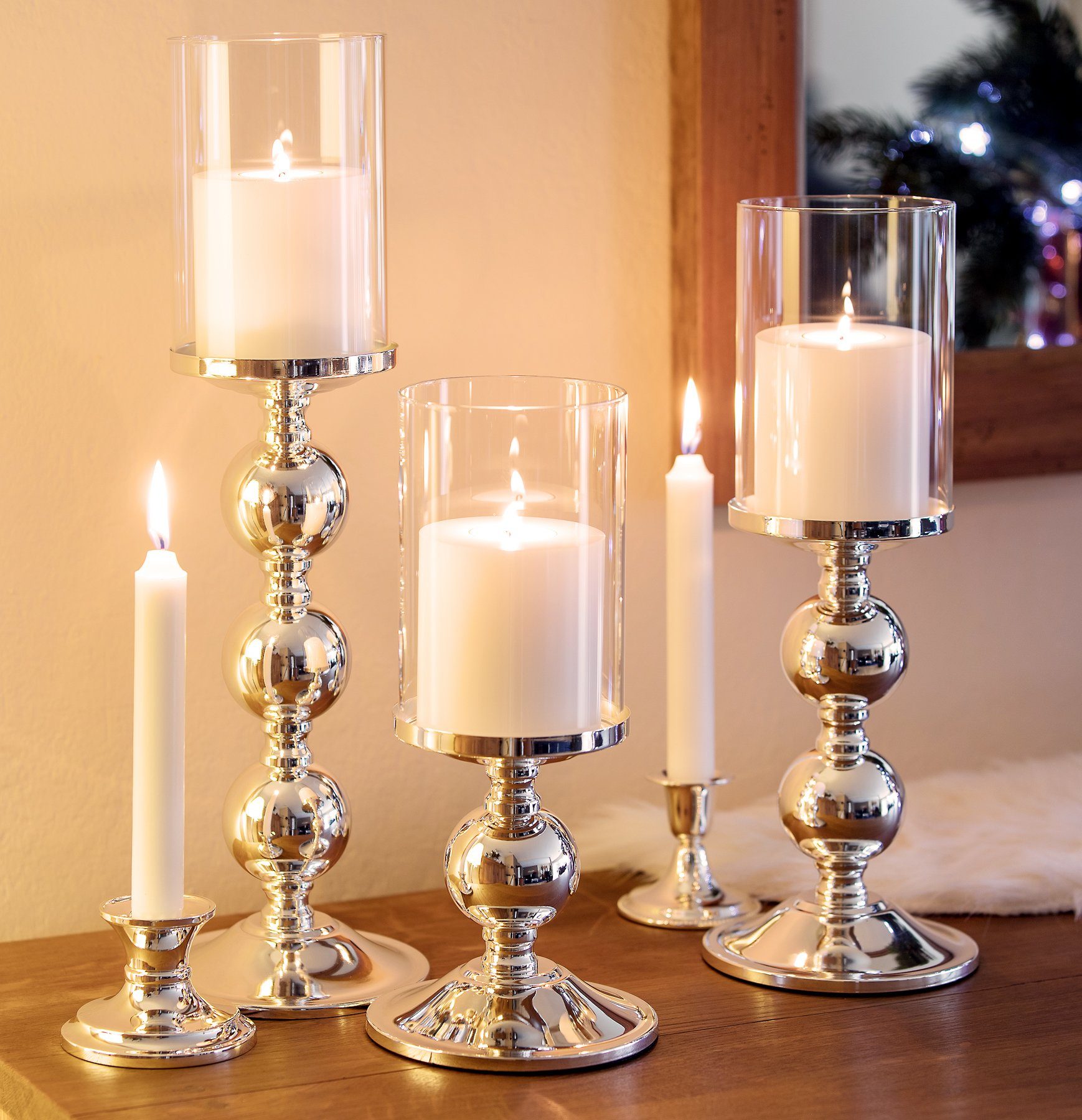 EDZARD Kerzenständer Bamboo, Kerzenleuchter anlaufgeschützt, versilbert für mit 28,5 Stumpenkerzen, Glas-Aufsatz Kerzenhalter Höhe und cm und Silber-Optik