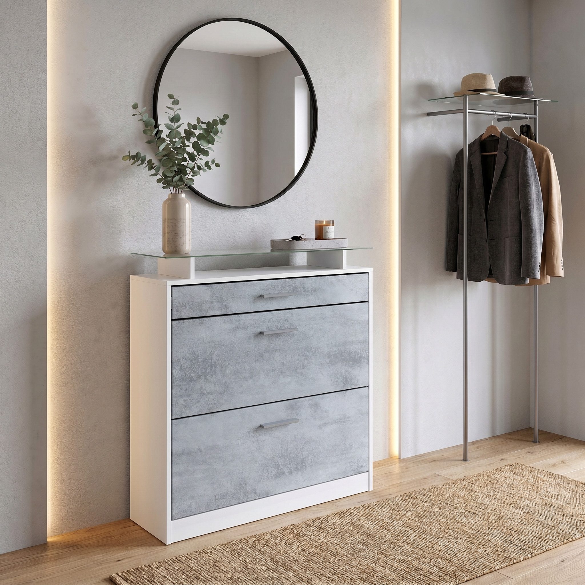 Vladon Schuhschrank Loret (Schuhkipper, für 16 Paar Schuhe mit 2 Klappen) Schublade und Glasablage