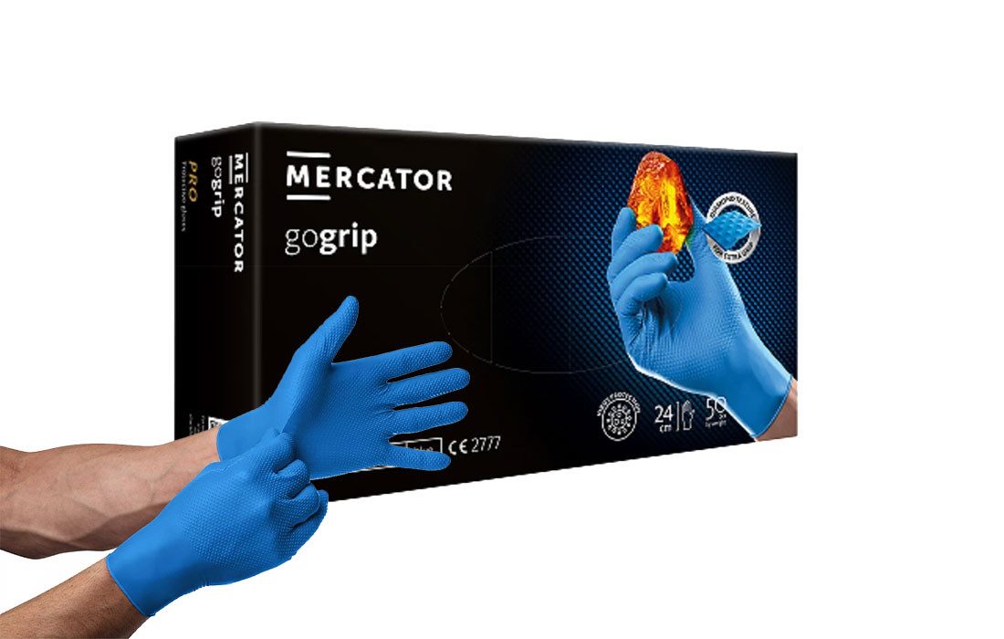 Mercator Einweghandschuhe GoGrip-Pro Nitril Handschuhe mit Diamanttextur in blau