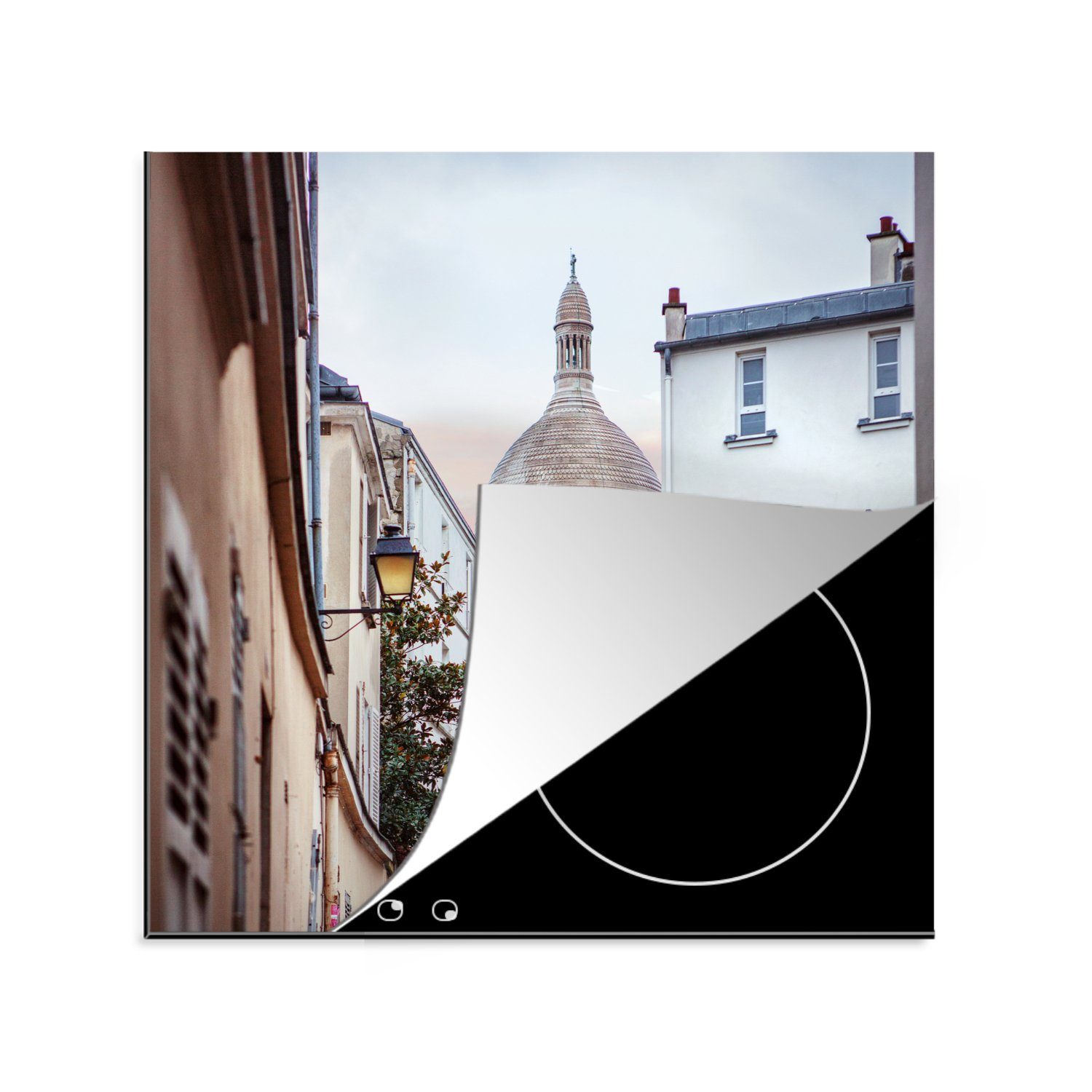 MuchoWow Herdblende-/Abdeckplatte Sacré-Coeur mit malerischer Straße, Vinyl, (1 tlg), 78x78 cm, Ceranfeldabdeckung, Arbeitsplatte für küche