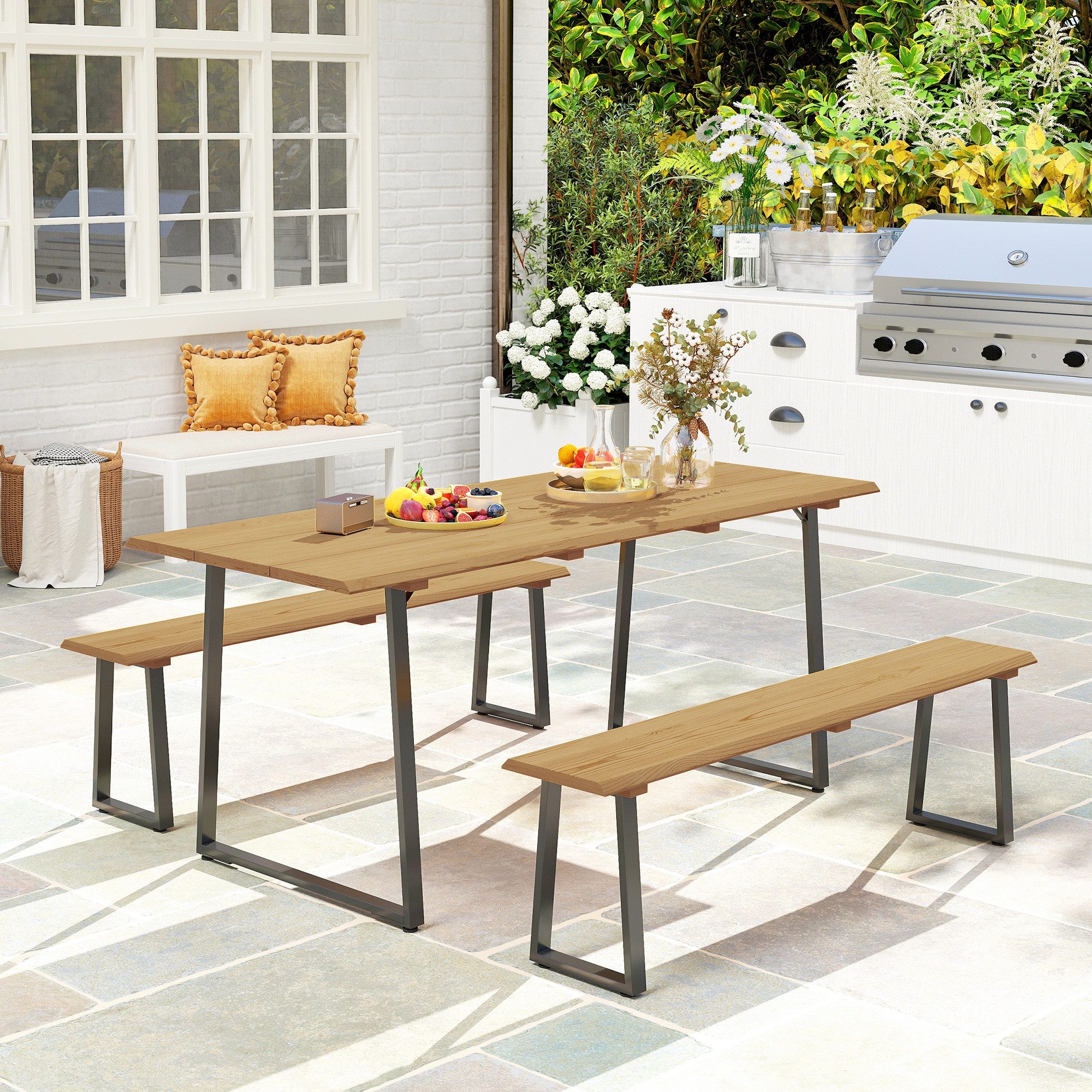 Outsunny Garten-Essgruppe für 6 Personen, mit 2 Bänke, Schirmloch, Holztisch, (3-teilig Sitzgruppe, 3-tlg., Esstisch aus Holz), für Terrasse, Balkon Naturholz