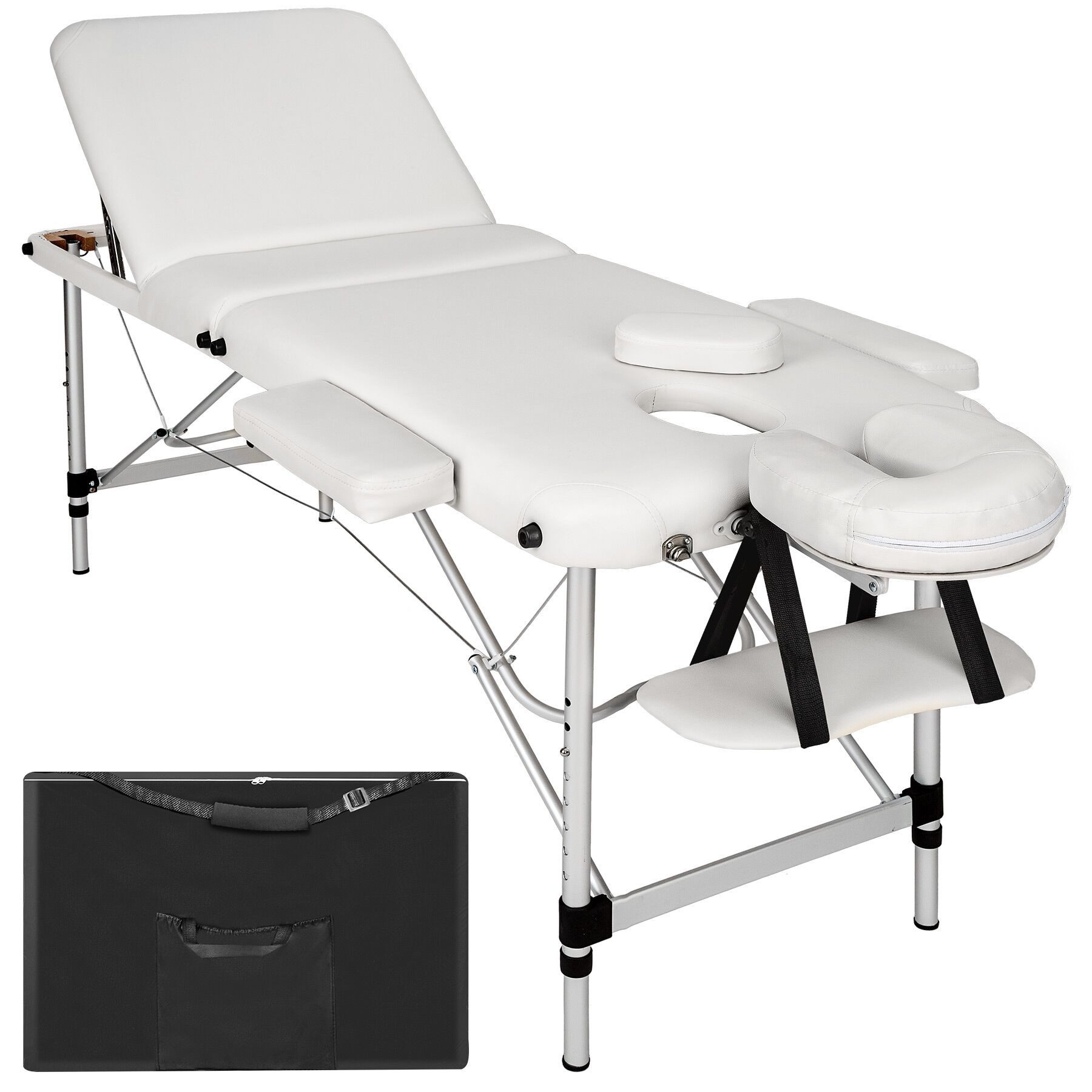 tectake Massageliege Massagetisch klappbar höhenverstellbar Aluminiumgestell 61cm 5cm (Klappbare Liege, 1-St., in Weiß), Mit Tragetasche und abnehmbaren Kopf- und Armablagen für Komfort