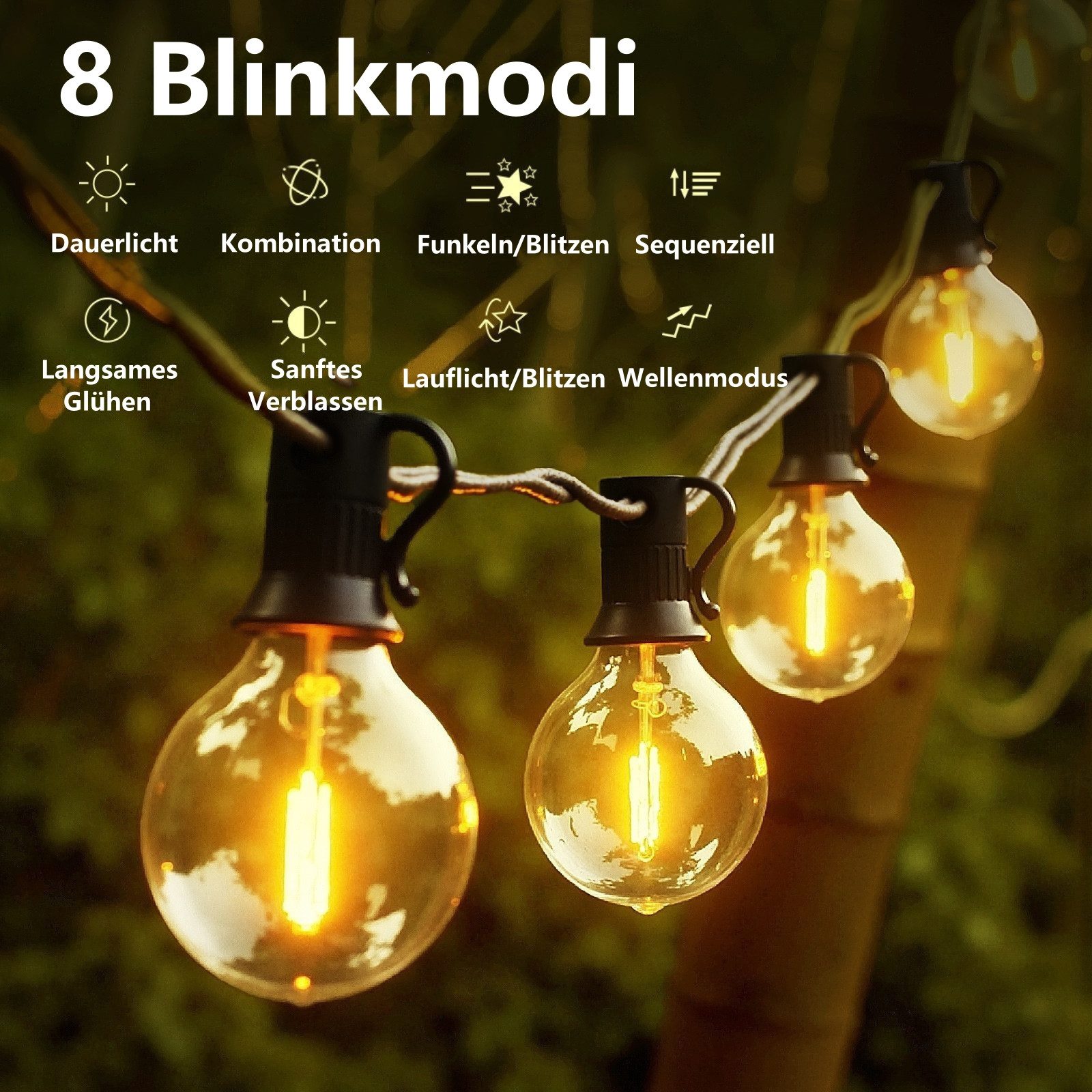 Elegear Lichterkette outdoor strom 9/18M LED lichterkette außen/indoor mit Timer, 8 Modi, gartenleuchte mit 30+3 G40 Glühbirnen für Balkon,Hof,Hochzeit, Party – Bild 4 von 5