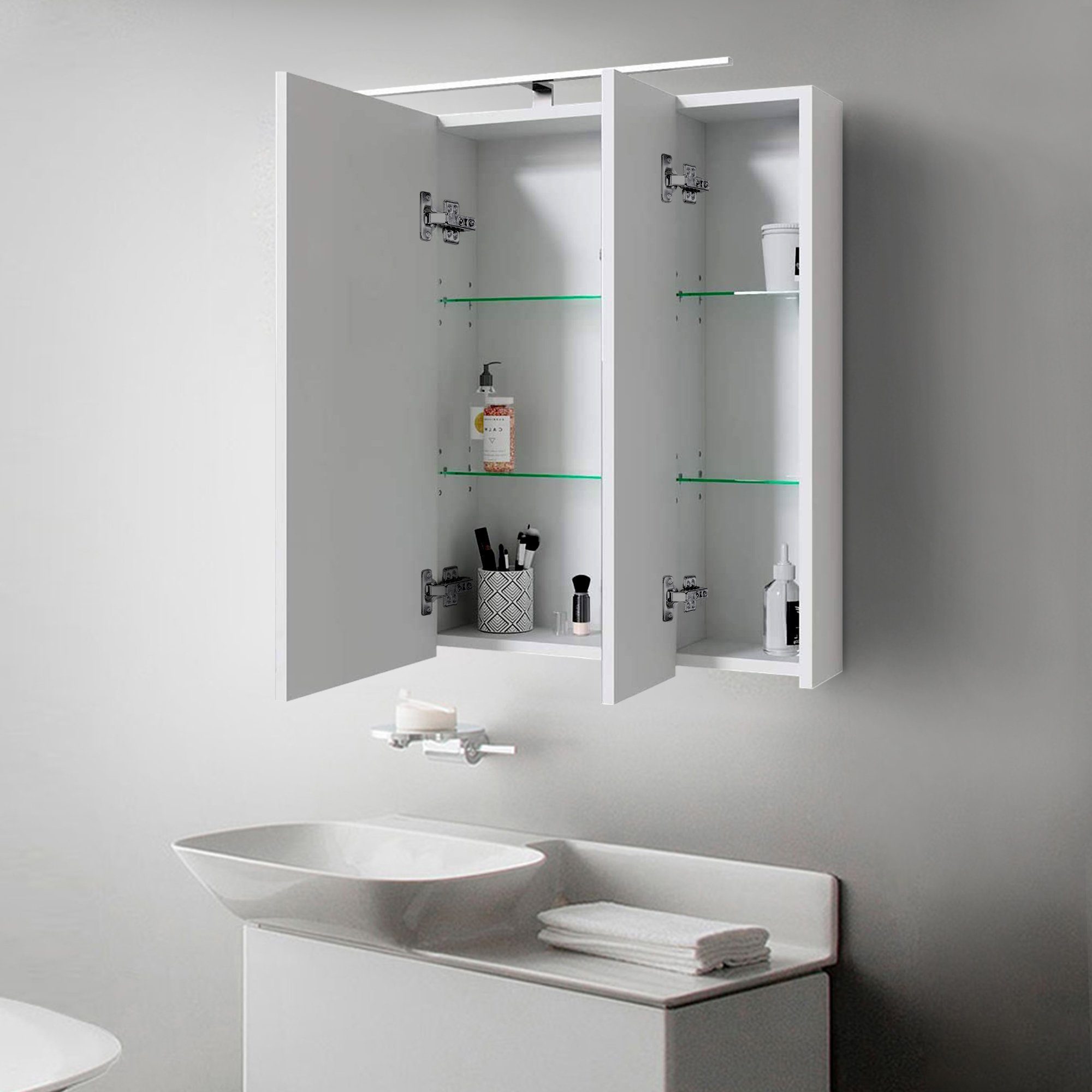 ML-DESIGN Badezimmerspiegelschrank Badschrank Badezimmerschrank Steckdose Lichtschalter 3-Türig LED Wandspiegel Badspiegel 724x72x15cm Beleuchtung Weiß