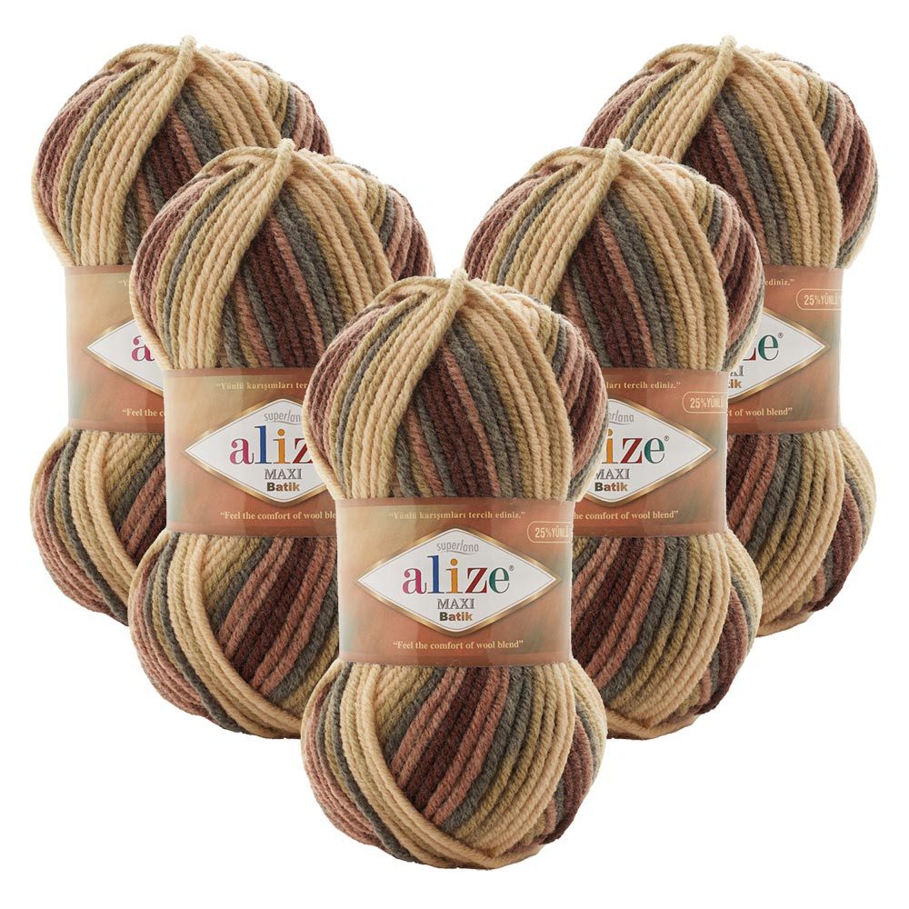 Alize 5 x ALIZE SUPERLANA MAXI BATIK Häkelwolle, 100 m, Yarn,Handstrickgarn,mehrfarbig,Winterwolle, Häkelgarn