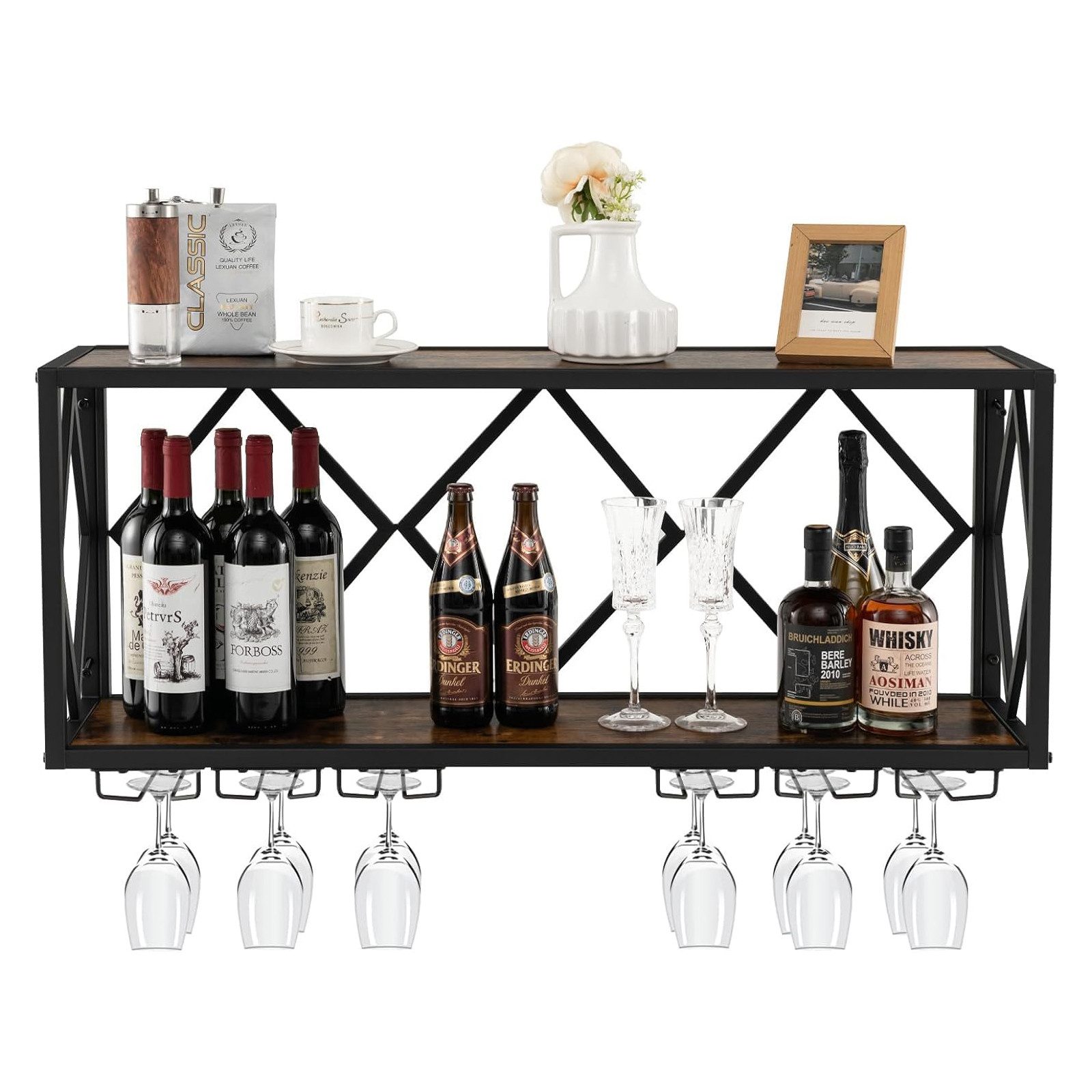 KOMFOTTEU Weinregal Wandregal Flaschenregal Flaschenhalter, mit Glashalter, 100 × 25 × 45cm
