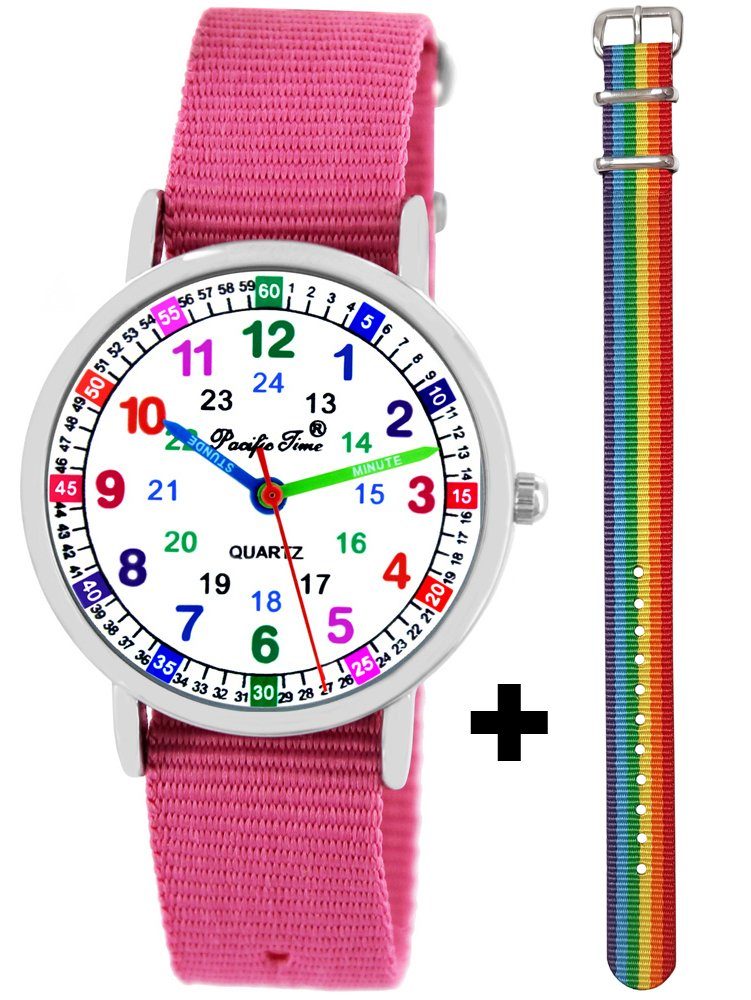 Pacific Time Quarzuhr, + buntes gestreiftes Armband - Gratis Versand rosa