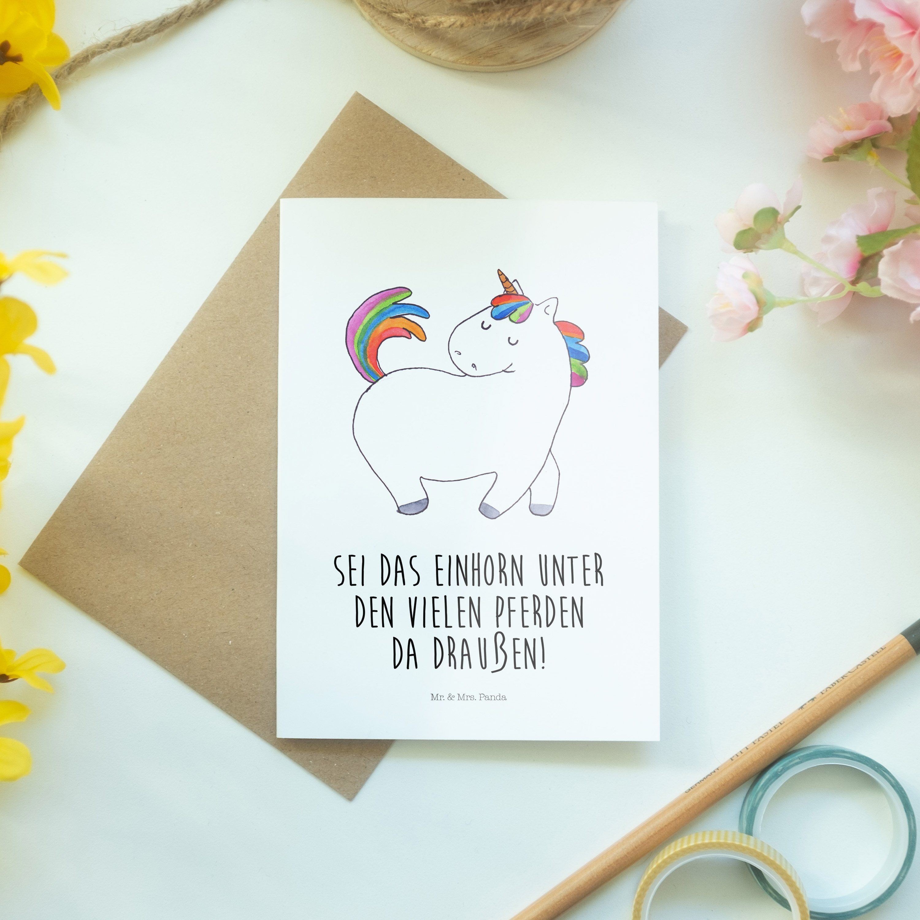Mr. & Grußkarte Geschenk, Pegasus, - Panda Reiten, Klap stolzierend Einhorn Weiß Mrs. - Unicorn
