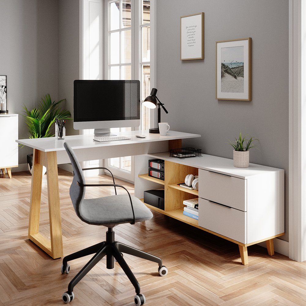 Vicco Schreibtisch Nautica, Weiß/Eiche, 138 x 60 cm mit Schubladen XXL (1-St)