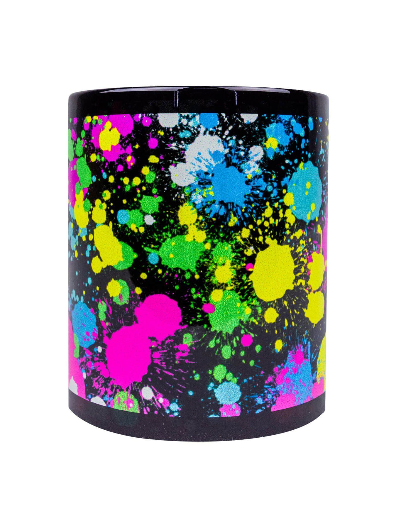 PSYWORK Tasse Fluo Cup Neon Motiv UV-aktiv, Tasse Keramik, Spots", "Color unter leuchtet Schwarzlicht