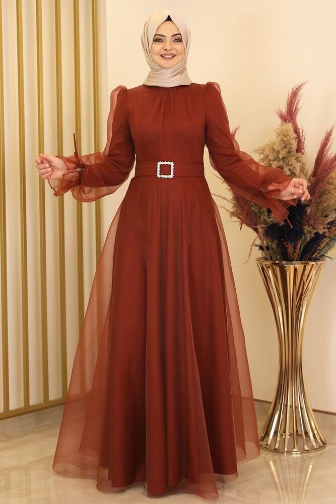 Modavitrini Abendkleid Damen Kleid langärmliges Maxikleid Abiye Abaya Hijab Mode mit Gürtel Kupfer