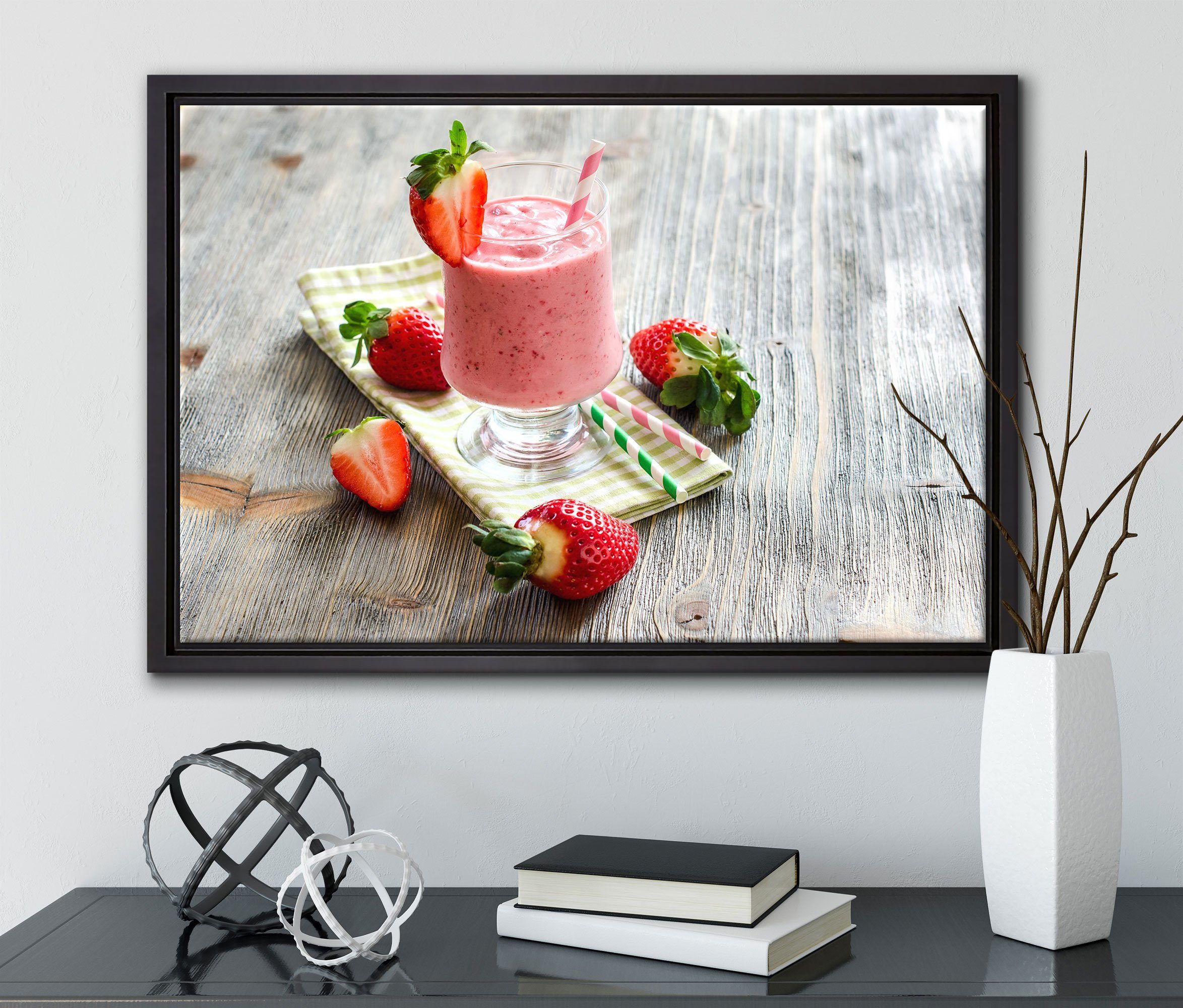 Pixxprint Leinwandbild Köstlicher Erdbeershake, St), inkl. in Leinwandbild einem (1 gefasst, fertig bespannt, Wanddekoration Schattenfugen-Bilderrahmen Zackenaufhänger