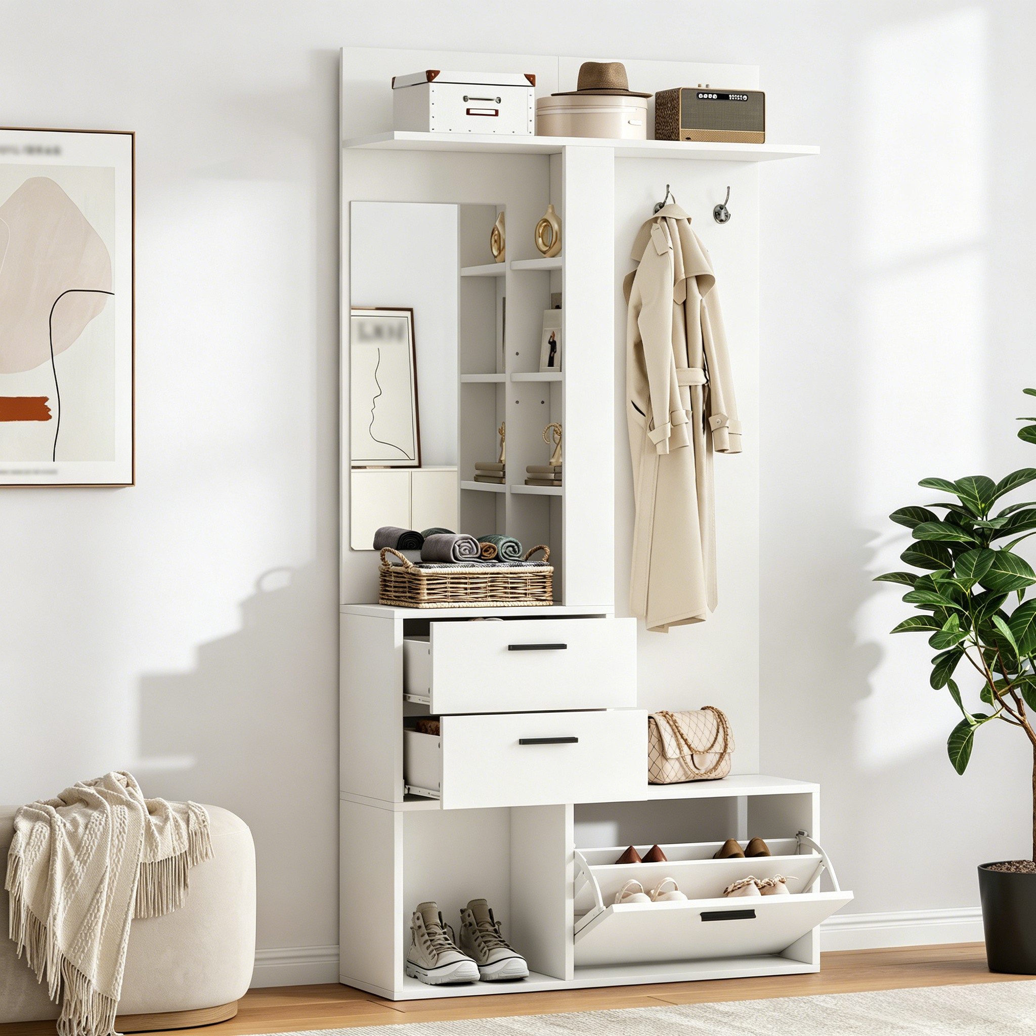Merax Garderobenständer Flurgarderobe mit Spiegel und Klapptür, 90x30x180 cm, (1 St), Garderobenschrank mit 2 Schubladen, 3 Haken und Schuhschrank