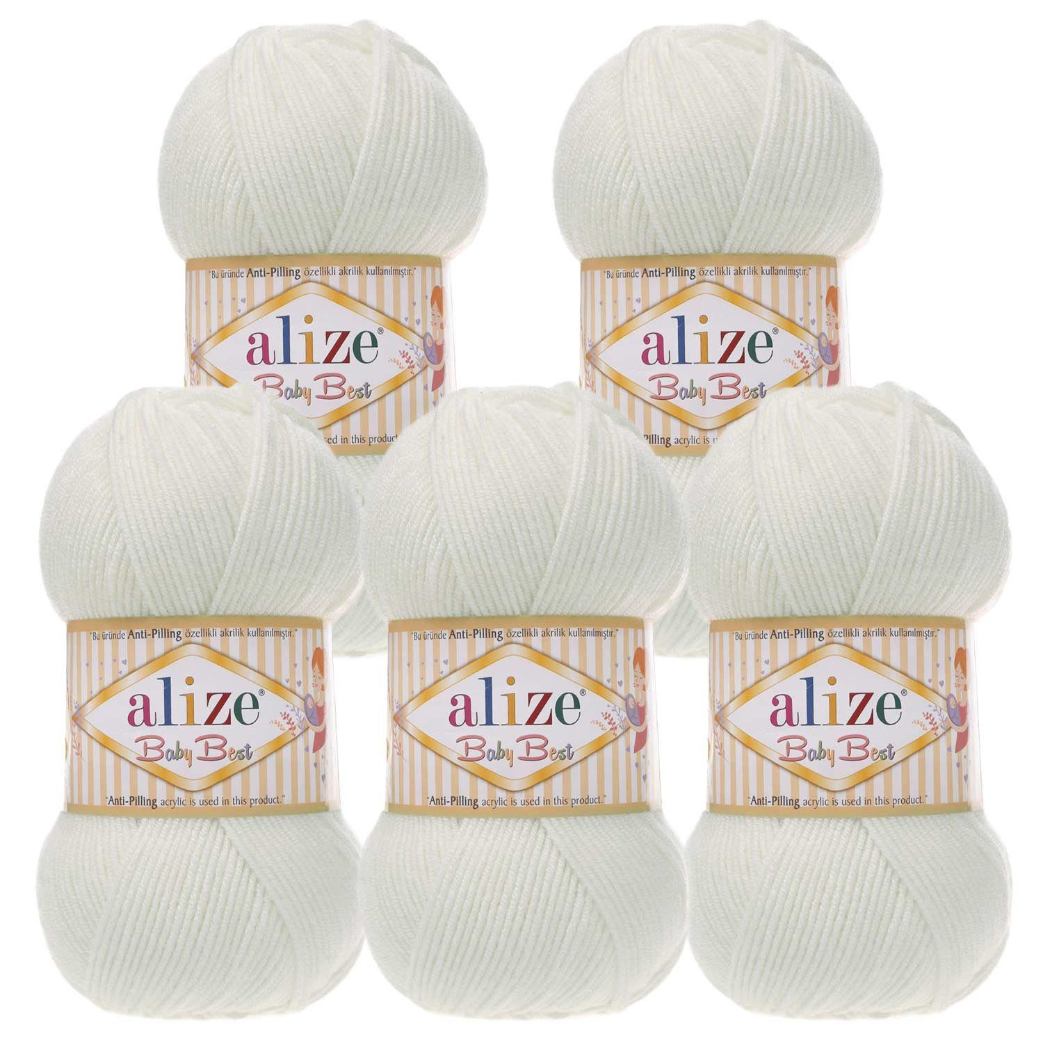 Alize 5 x 100g Strickgarn ALIZE Baby Best uni Babywolle Wolle Antipilling Häkelwolle, 240 m (Sparpaket), 450 perlweiß