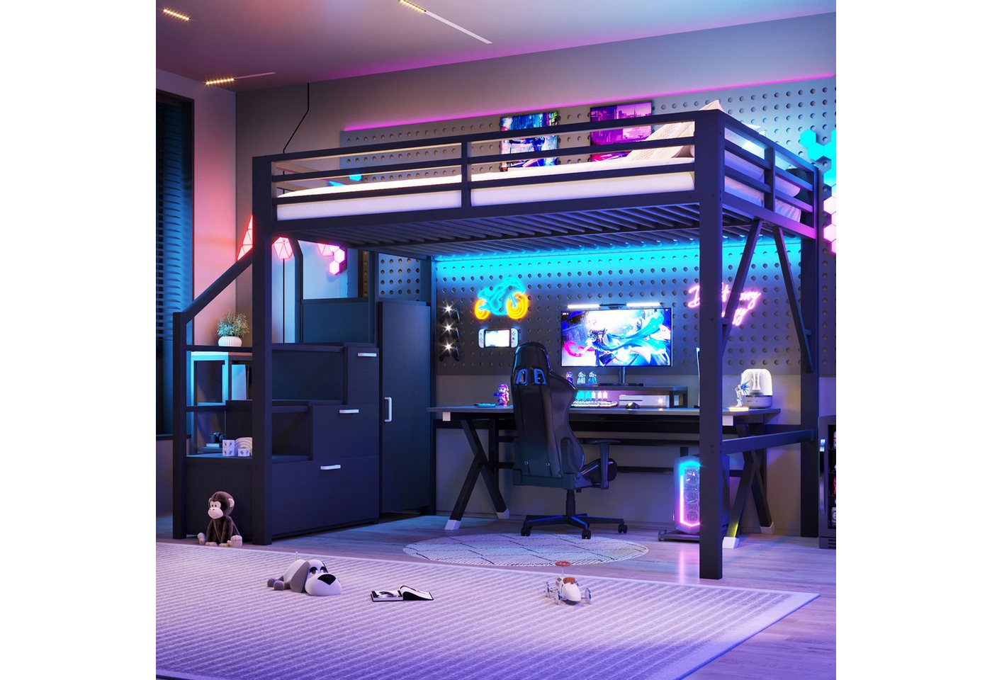 Ulife Hochbett mit Staufächern, Kleiderschrank und LED-Beleuchtung Jugendbett Metallbett 140x200cm